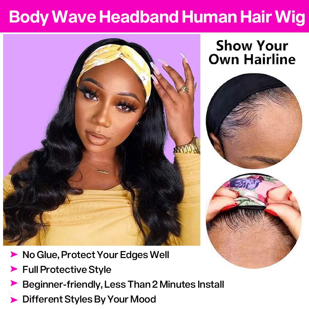 Brazilian Body Wave Headband Wig for Black Women - 20 Inch Human Hair Wig with 150% Density & No Lace Front - Perfect for Daily Wear, Parties, and Protective Styling