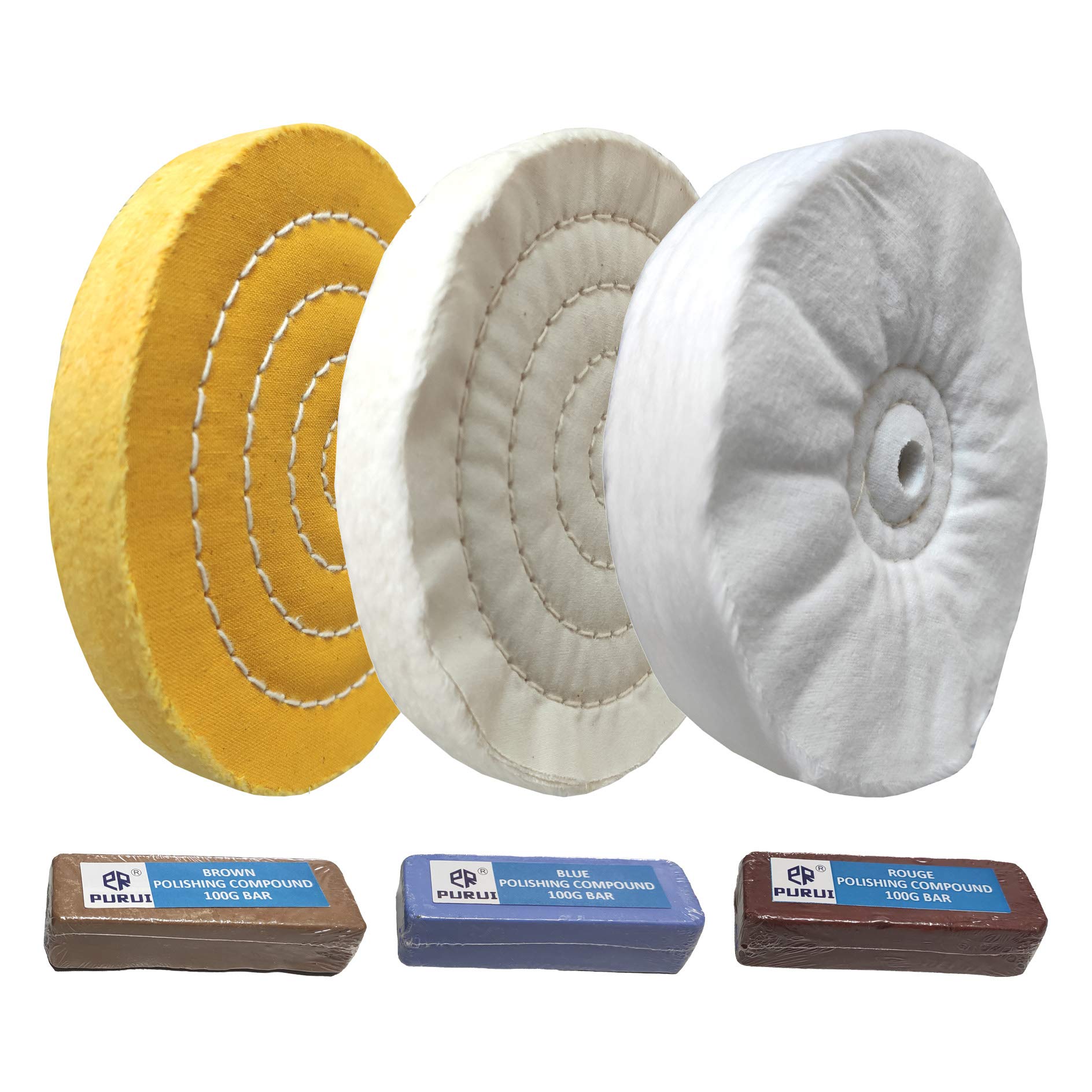 PURUI 6 Inch Buffing Polishing Wheel Kit with 3PC Buffing Wheels & 3PC 100g Polishing Compounds - 1/2 Inch Arbor Hole for Bench Grinder - Perfect for Jewelry Making, Soft Metal Polishing & DIY Crafts