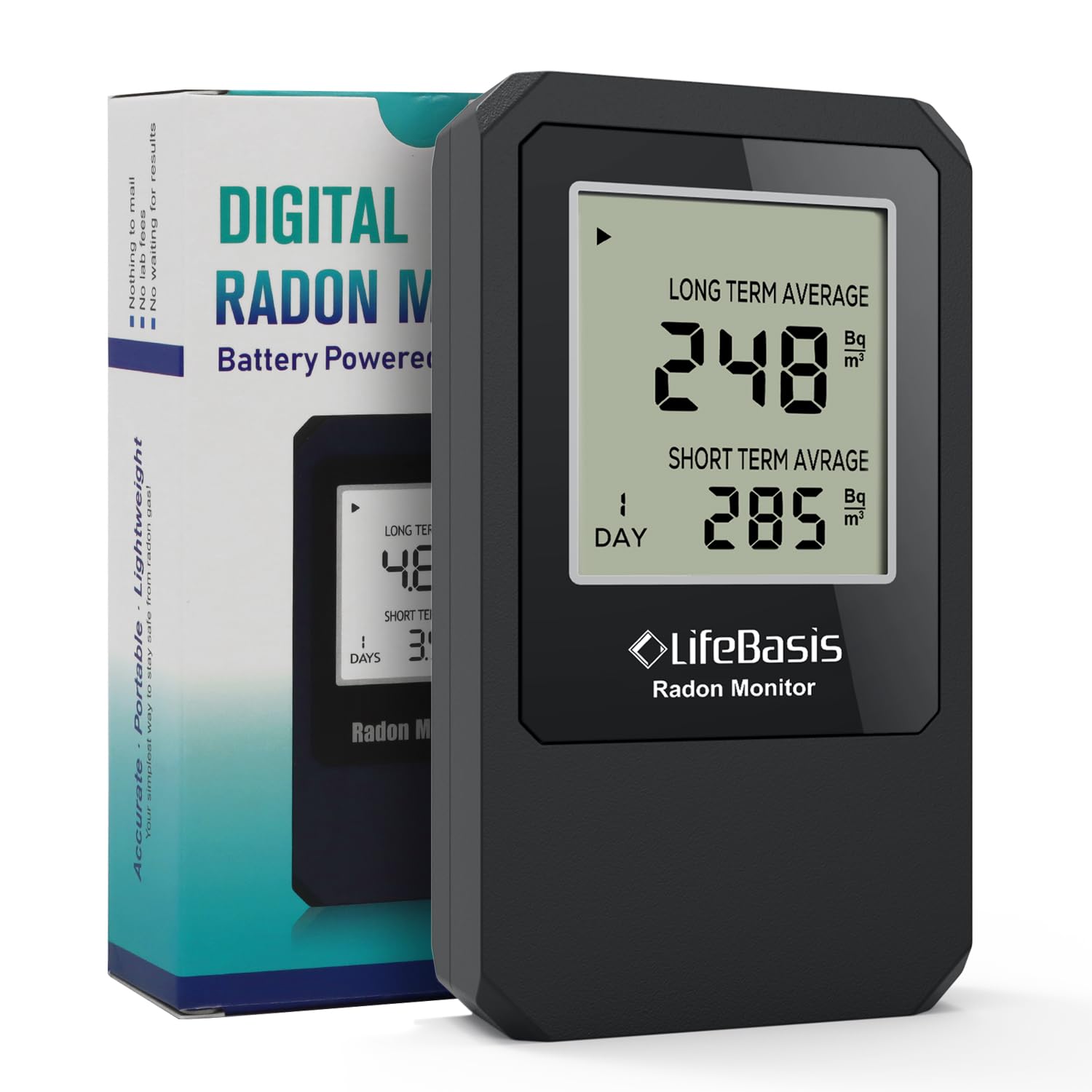 Life Basis Radon Detector for Home - Portable Radon Tester with Large Screen, Long & Short Term Monitoring, Battery Operated (Canadian Version in Bq/m) - Black | Ideal for Basement, Bedroom & Office Air Quality Testing