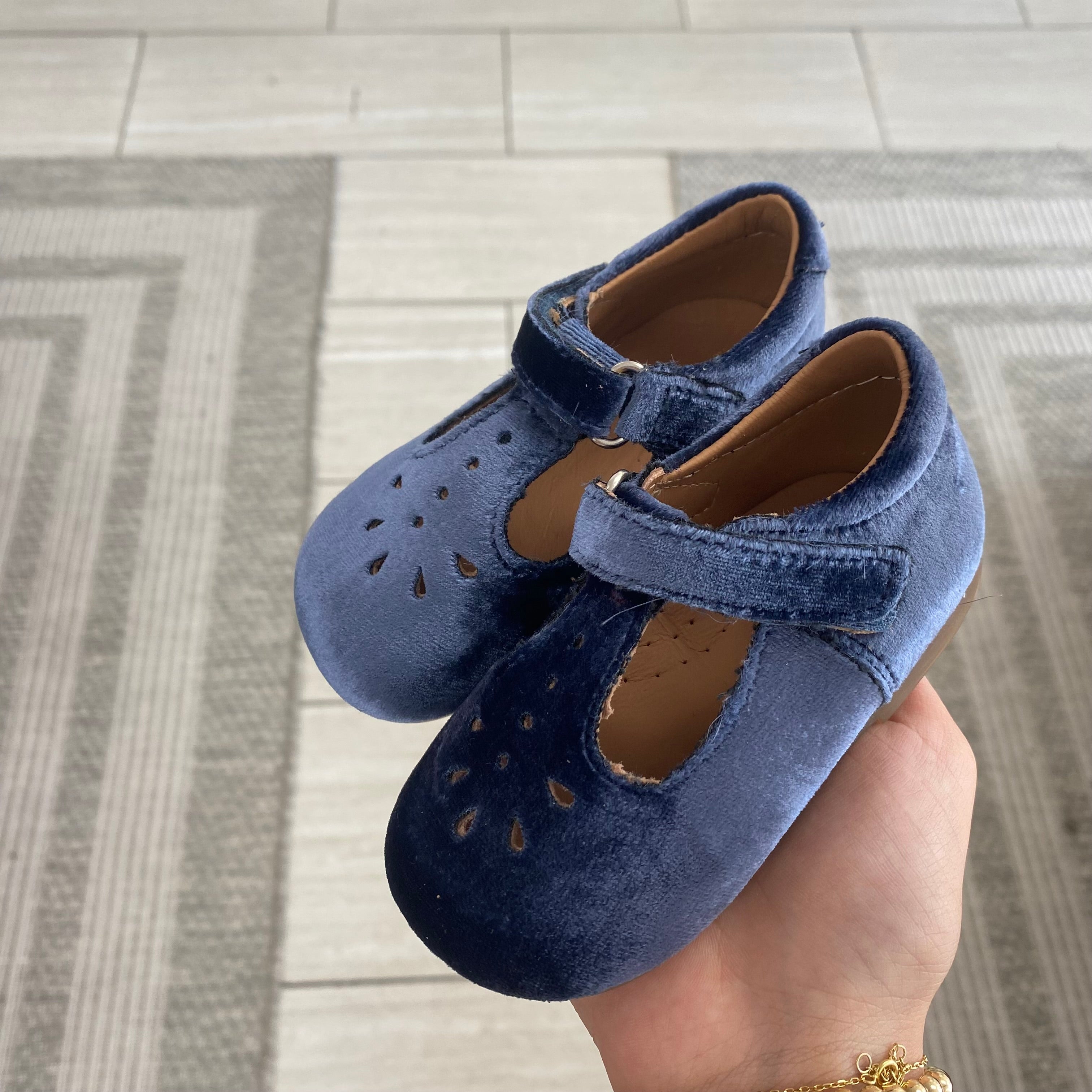 Indigo Velvet Perforated Baby Shoes - Soft & Breathable First Walkers for Newborns & Infants - Perfect for Special Occasions, Photo Shoots & Everyday Comfort