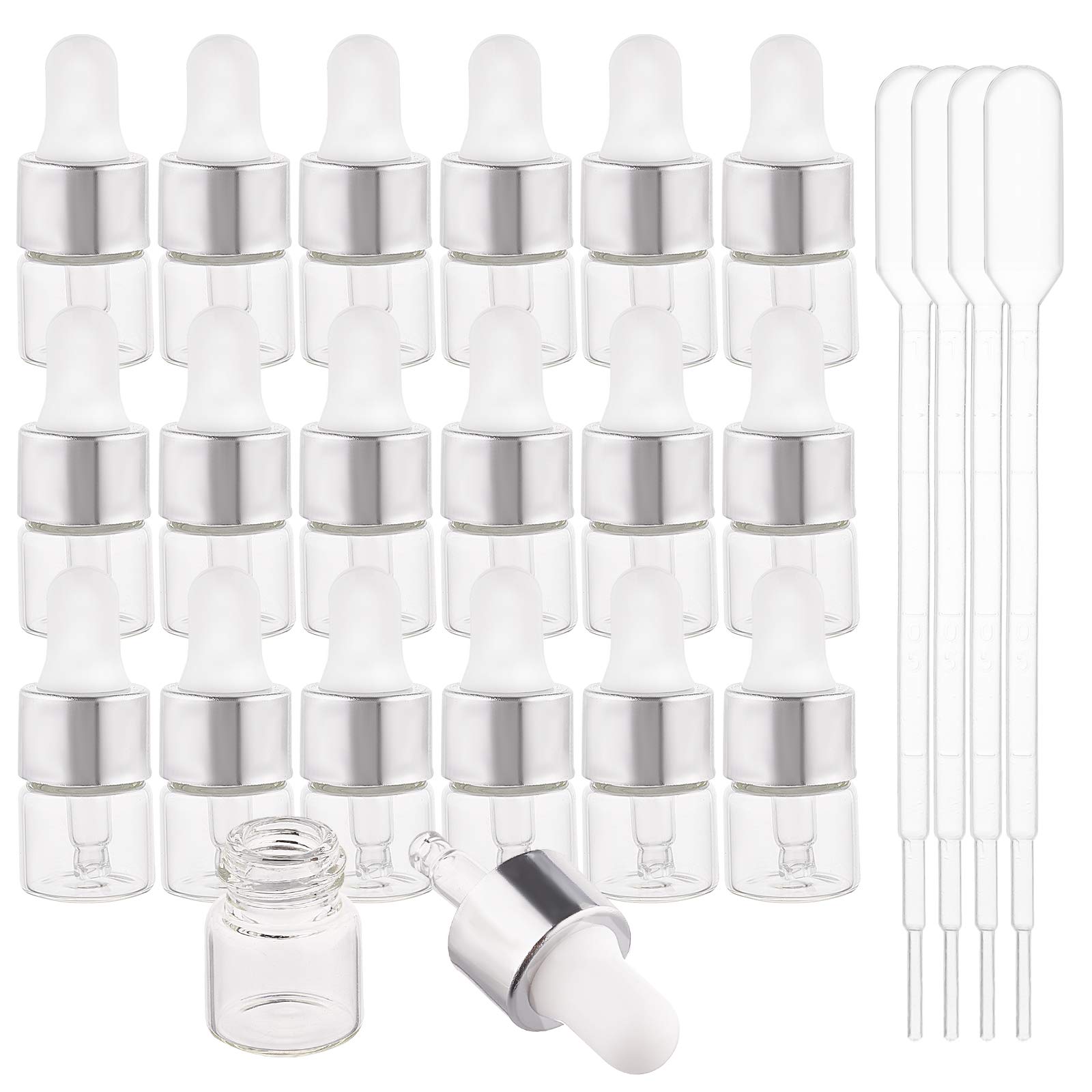 BENECREAT 30 Pack 1ml Glass Dropper Bottles with Silver Caps - for Essential Oils, Aromatherapy & Cosmetics