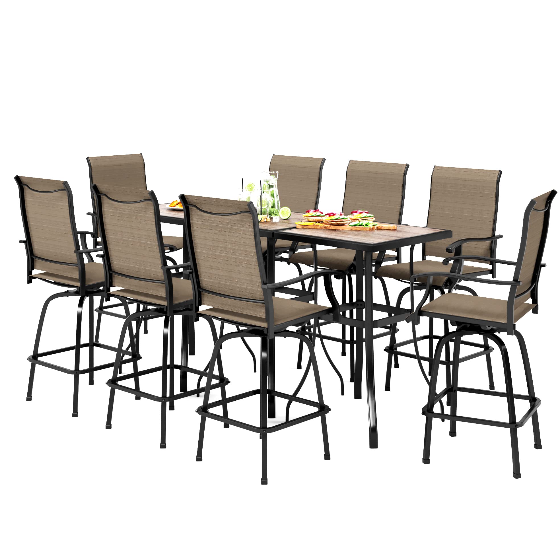 PHI VILLA 11-Piece Outdoor Patio Swivel Bar Set - Textilene Bar Height Chairs with Armrests & Wood-Look Bar Table - All-Weather Garden Furniture for Backyard, Poolside & Lawn Relaxation