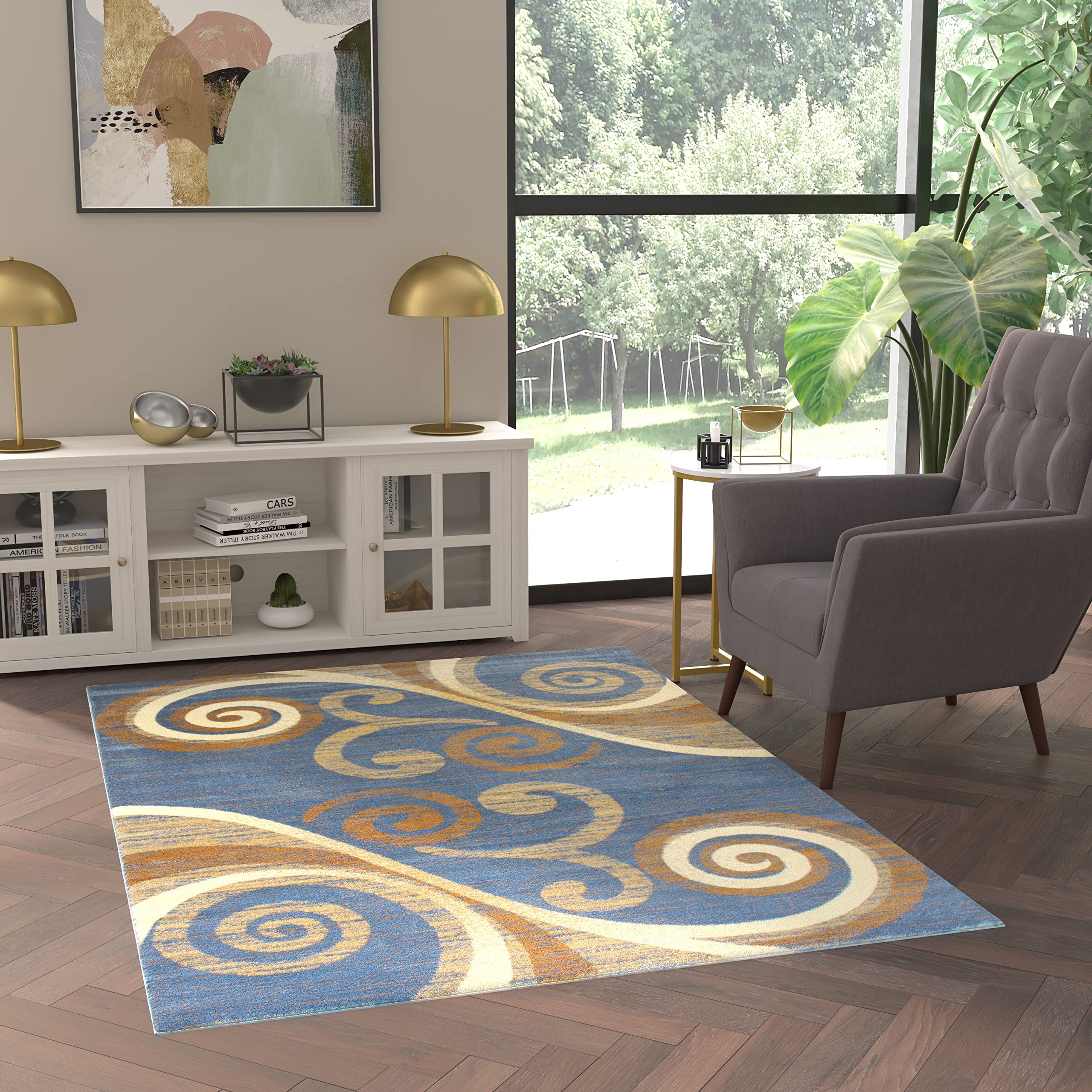 EMMA + OLIVER Olefin Accent Rug - Blue Swirl Pattern 5x7 - Plush Pile & Jute Backing - Stain Resistant - Perfect for Living Room, Bedroom or Office Decor