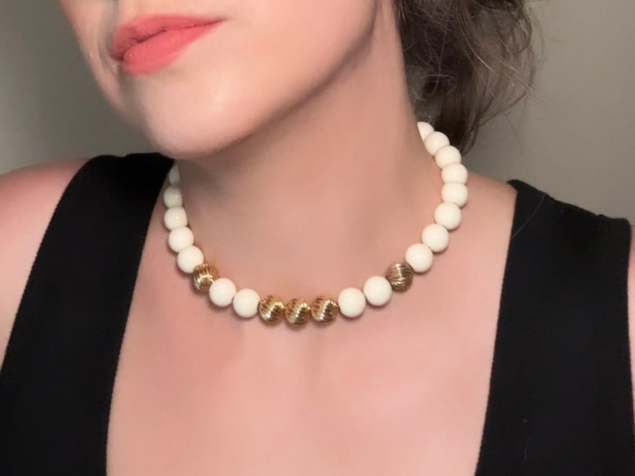 Vintage Monet Choker Necklace - Cream & Gold Beaded Statement Jewelry for Women | Elegant Bridal, Party & Evening Wear Accessory