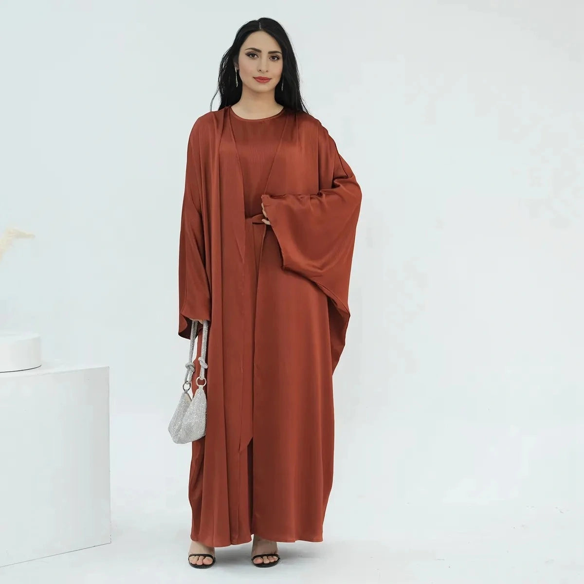 Wrinkle-Free Satin 2-Piece Open Abaya Dress Set #24806 - Elegant Muslim Prayer Dress for Women, Perfect for Special Occasions & Daily Wear