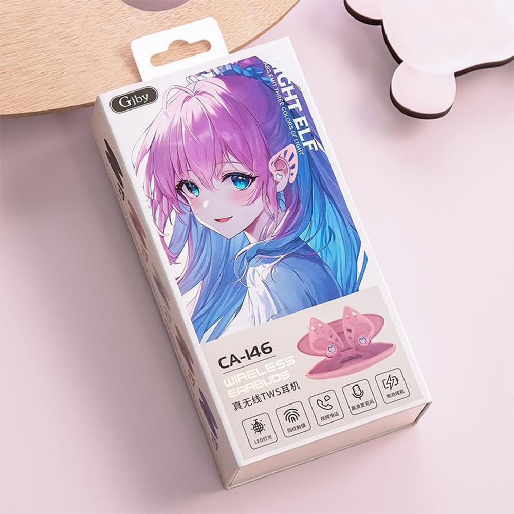Wireless Elf Ear Headphones with Dual Mic Noise Cancellation - Pink Cat Ear Bluetooth Earbuds with Charging Case | Perfect for Gaming, Cosplay & Music Listening