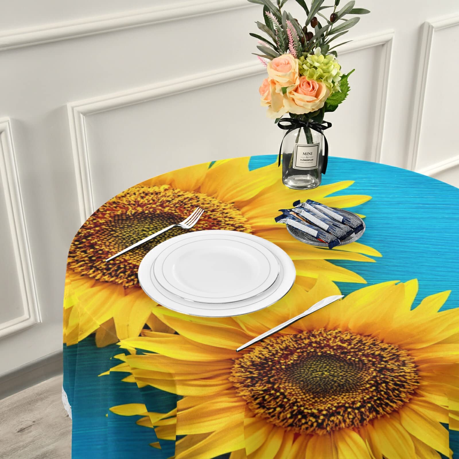 ALAZA 60 Inch Round Blue Sunflower Wooden Tablecloth - Washable Polyester Lace Table Cover for Kitchen, Dining, Party & Picnic Decor | Perfect for Round Tables, Home Decor & Outdoor Events