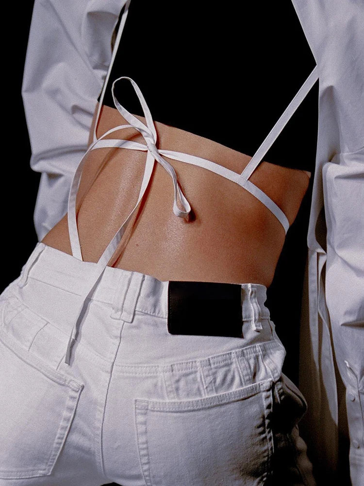 Sexy Backless White Blouse for Women - Lapel Long Sleeve Bandage Top | Minimalist High Street Fashion | Perfect for Night Out, Date Night & Party Wear