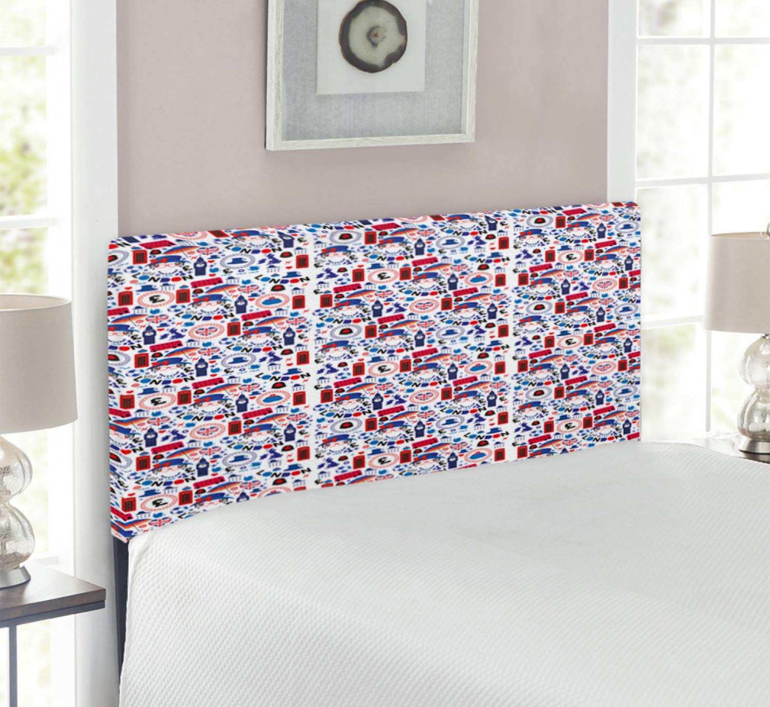 Ambesonne London Themed Upholstered Headboard - Queen Elizabeth Umbrella Tea Party Map Travel Design, Decorative Metal Bed Frame with Memory Foam Padding, Twin Size Multicolor - Perfect for British-Themed Bedrooms & Travel Enthusiasts