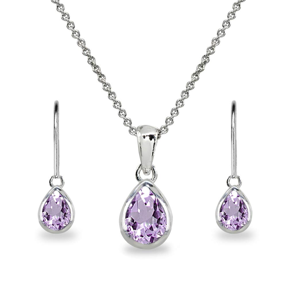 Women's Jewelry Set - Sterling Silver Necklace & Earrings with Birthstone (Genuine/Synthetic Gems) | Teardrop Bezel Pendant & Dangle Earrings | Perfect Gift for Birthday, Anniversary & Special Occasions