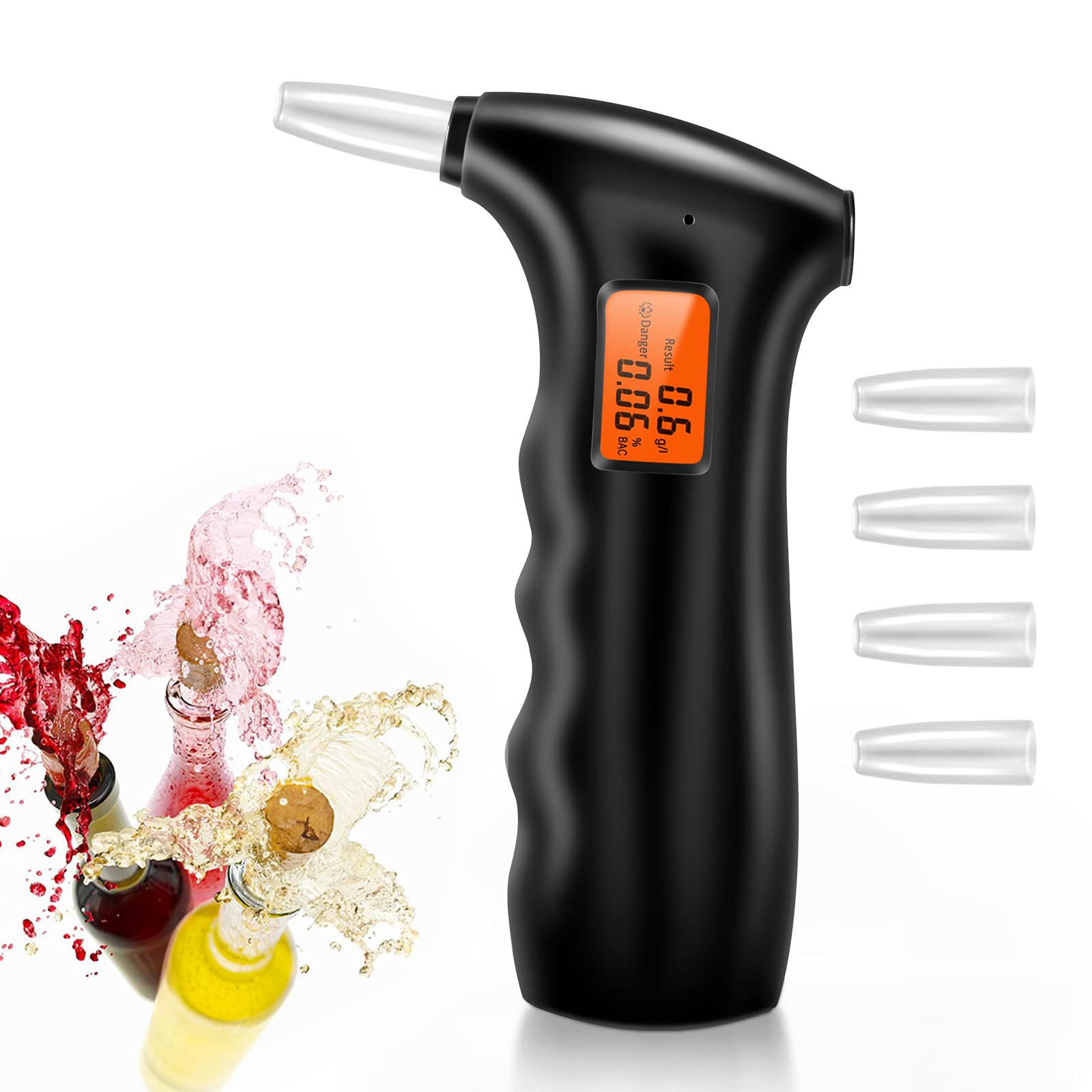 Seven-first Portable Breathalyzer Alcohol Tester - Digital LCD Display with 5 Mouthpieces, Black | Personal & Professional BAC Testing for Drivers, Workplace Safety & Home Use