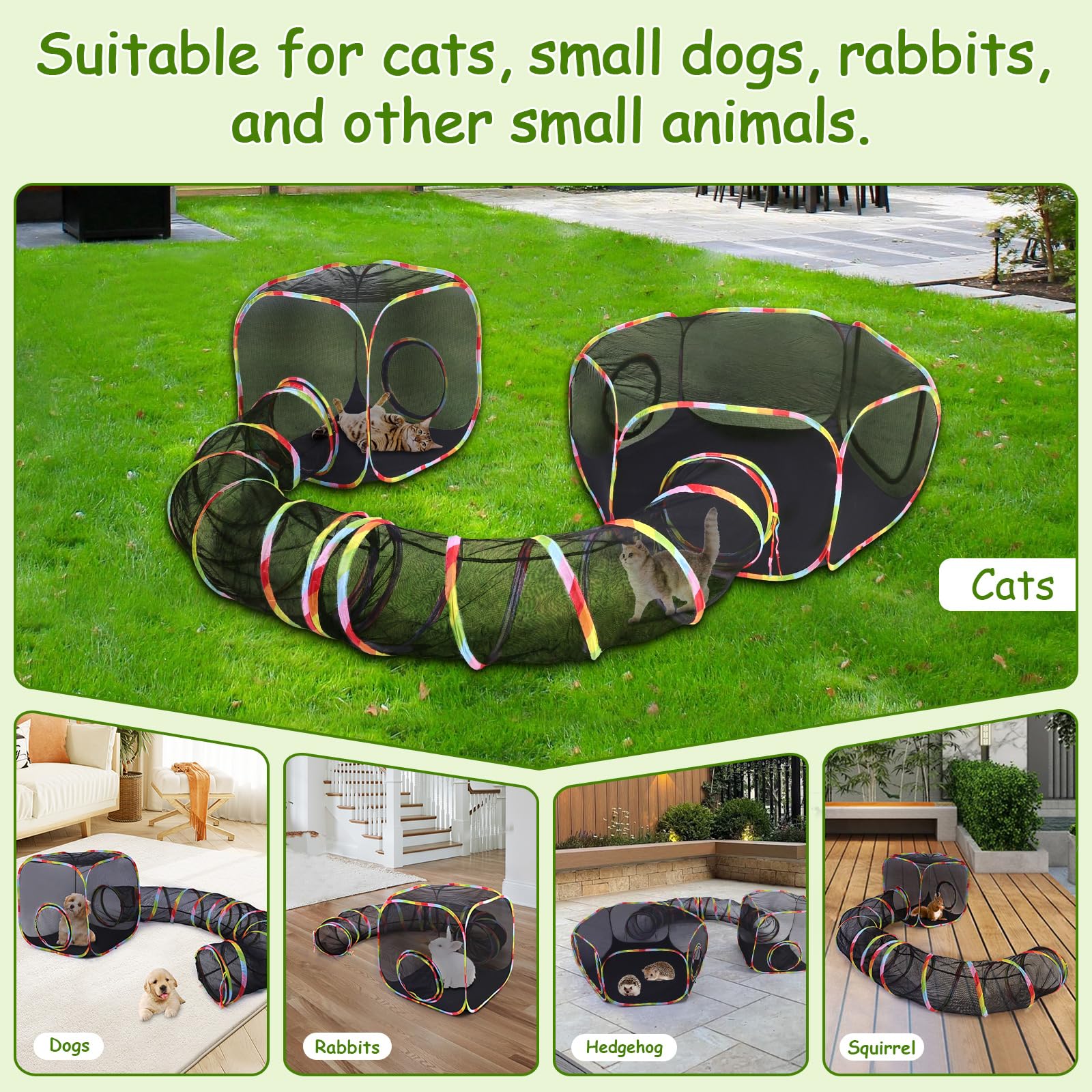 Upgraded Outdoor Cat Enclosures & Play Tunnels - Large Foldable Cat Tent with 6 Play Ways, Portable Kitty Playhouse Includes 2 Balls for Cats & Small Pets | Perfect for Backyard, Patio, Camping & Indoor Play