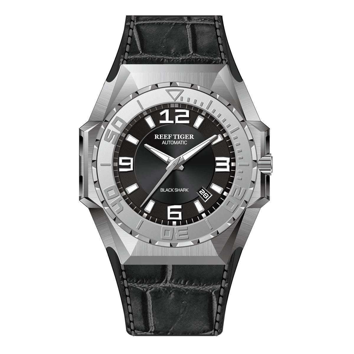 REEF TIGER RGA6903 Men's Automatic Dive Watch - Stainless Steel Case, Leather Strap, Military Style - Perfect for Scuba Diving, Water Sports & Outdoor Adventures