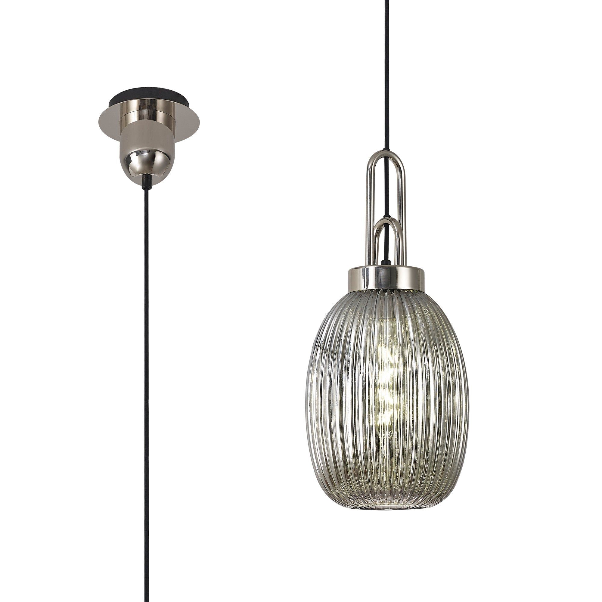 Cadiz 1-Light Pendant Light Fixture with 20cm Almond Ribbed Glass Shade, E27 Socket, IP20 Rated - Perfect for Kitchen Island, Dining Room, or Bedroom Lighting