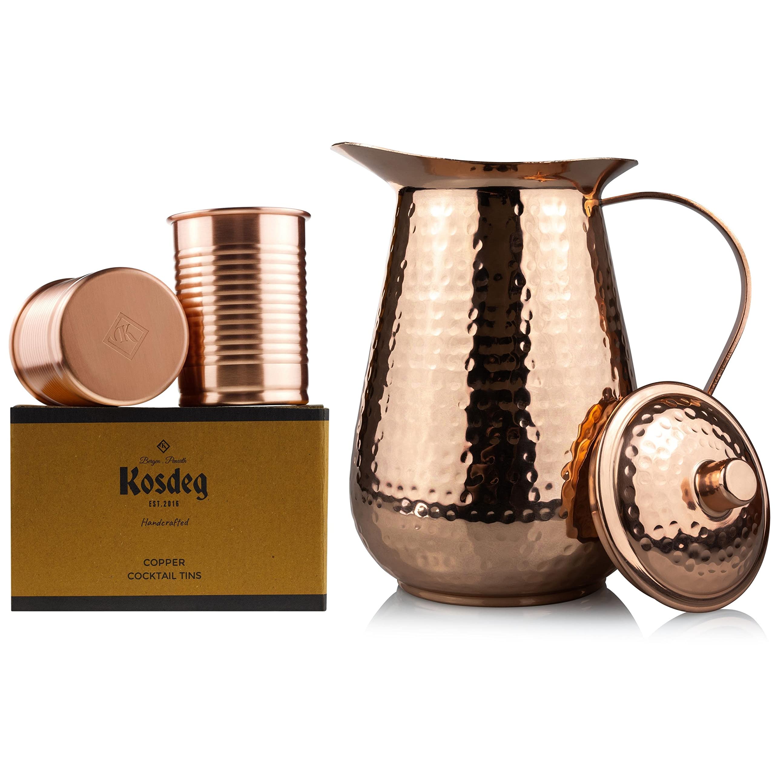 68oz Pure Copper Handmade Hammered Pitcher with Lid & 12oz Cups - Promote Hydration, Reduce Sugar Intake & Boost Health Benefits - Perfect Bedside Carafe for Water, Juice & Wellness Drinks
