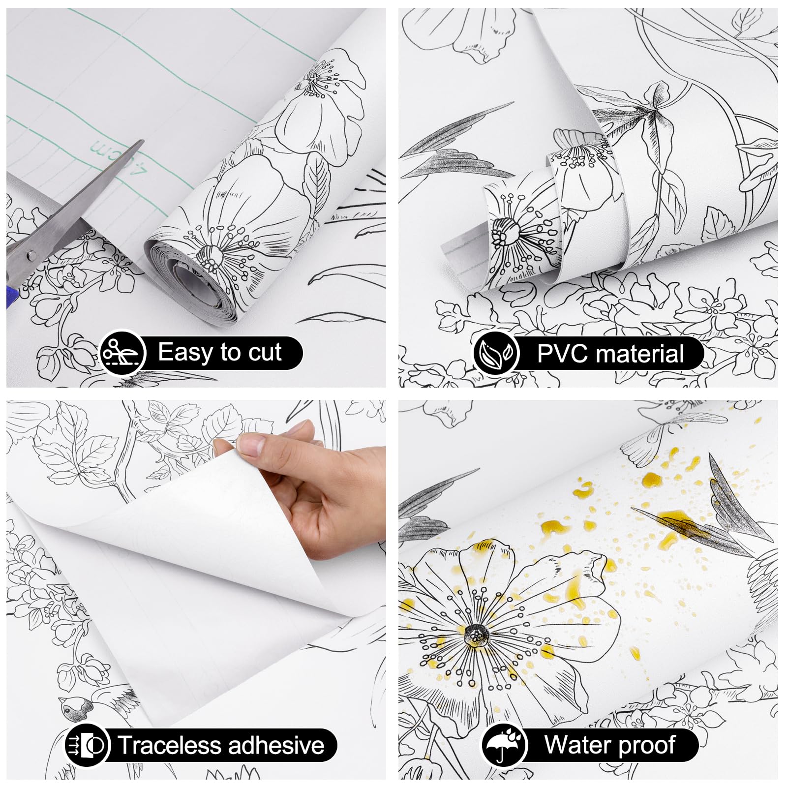Modern Black and White Floral Peel and Stick Wallpaper - Removable Self-Adhesive Vinyl Contact Paper 17.3” x 120” - Birds Sketch Design for Bedroom, Living Room, Cabinets & Shelf Liner - Easy Home Decor Upgrade for Walls & Furniture