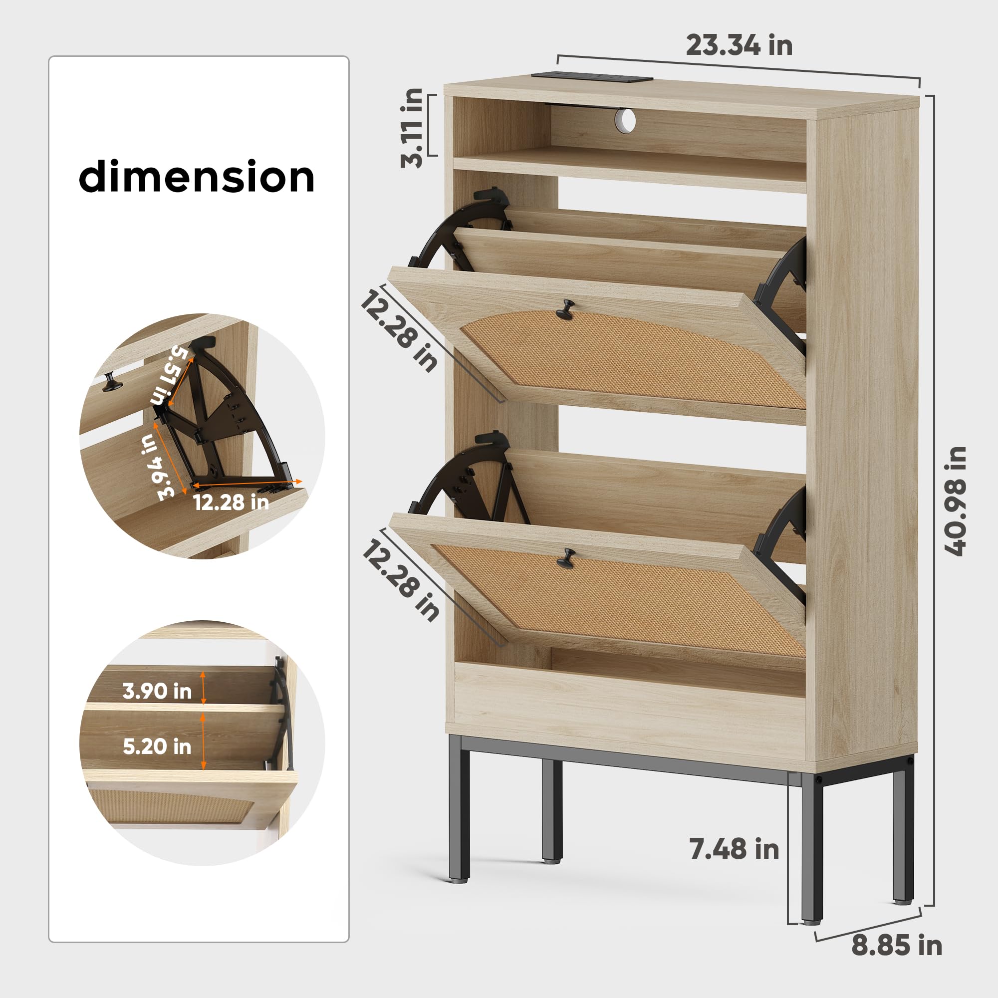 Answanie Narrow Shoe Storage Cabinet with Rattan Doors - Slim Hidden Shoe Rack with 2 Flip Drawers & Charging Station - Space-Saving Entryway Hallway Organizer for Small Spaces (Oak, Small) - Perfect for Apartments, Dorm Rooms & Closet Organization