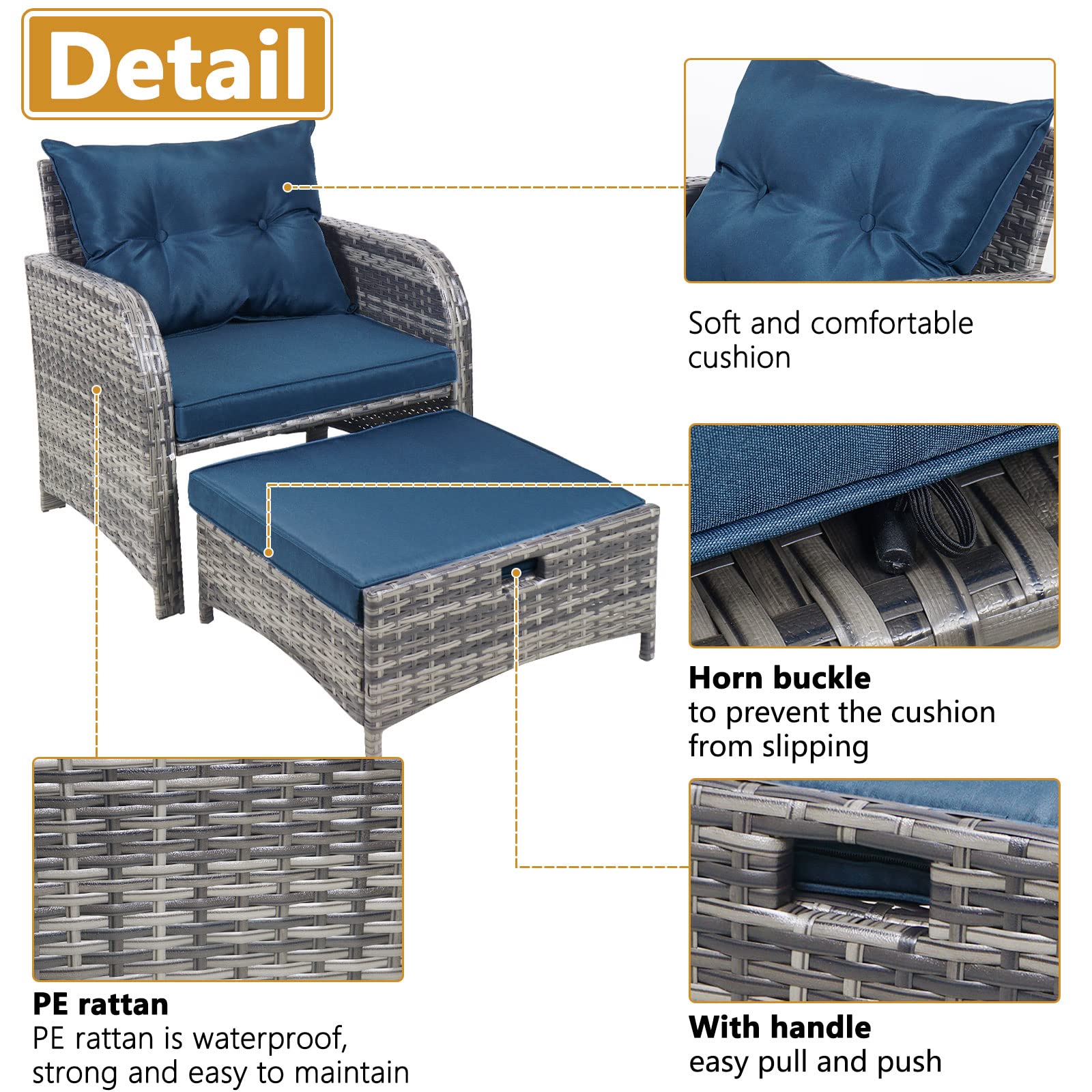 5-Piece All-Weather PE Rattan Outdoor Patio Furniture Set with Ottoman - Wicker Conversation Chairs for Poolside, Garden, Balcony & Backyard (Blue) - Perfect for Relaxing, Entertaining & Outdoor Lounging