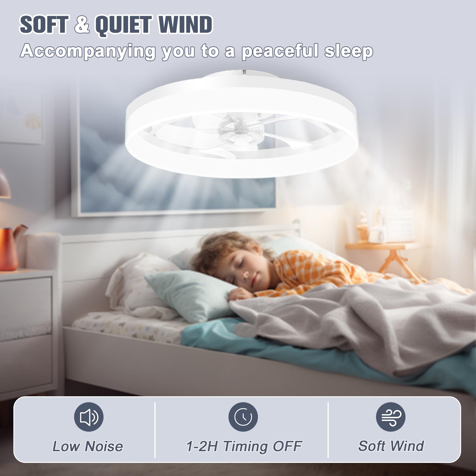 VOLISUN Low Profile Smart Ceiling Fan with LED Light and Remote Control, 19.7