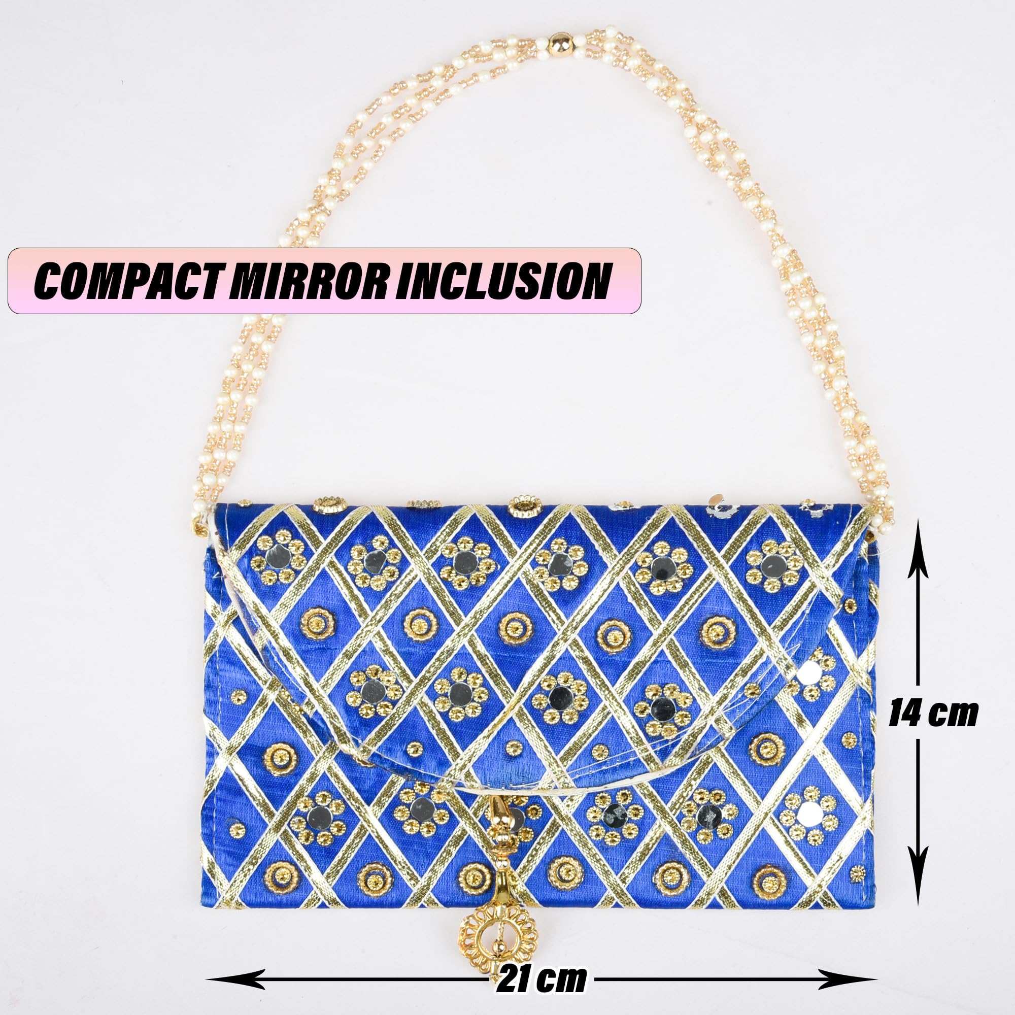 Kuber Industries Women's Clutch Purse with Handle - Traditional Shagun & Baby Shower Gift Bag - Blue Mirror Check Design for Weddings, Parties & Special Occasions
