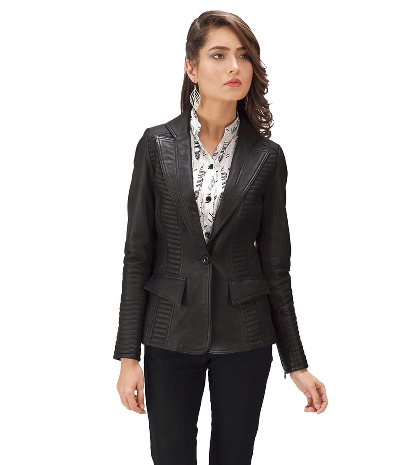 The Jacket Maker Selina Women's Black Leather Blazer | Genuine Sheepskin Leather Jacket for Women | Stylish Real Leather Blazer for Office, Business & Formal Occasions