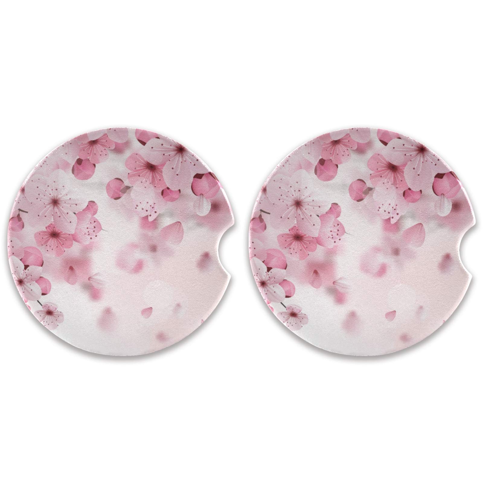 Cherry Blossom Car Coasters for Cup Holders - 2 Pack Absorbent Ceramic Drink Coasters with Cork Base, Universal Fit for Most Vehicles - Perfect for Coffee, Soda & Water Bottles in Car, Office or Home Use