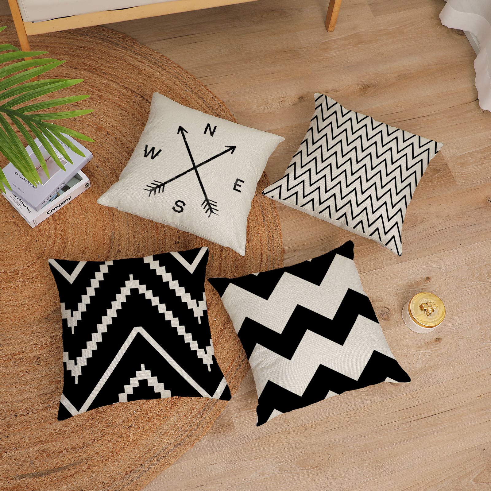 YeeJu 4-Pack Black and White Geometric Throw Pillow Covers - 20x20 Inch Cotton Linen Square Cushion Cases for Sofa, Couch, Bed & Outdoor Decor - Modern Home Accent Pillows for Living Room, Patio and Dorm