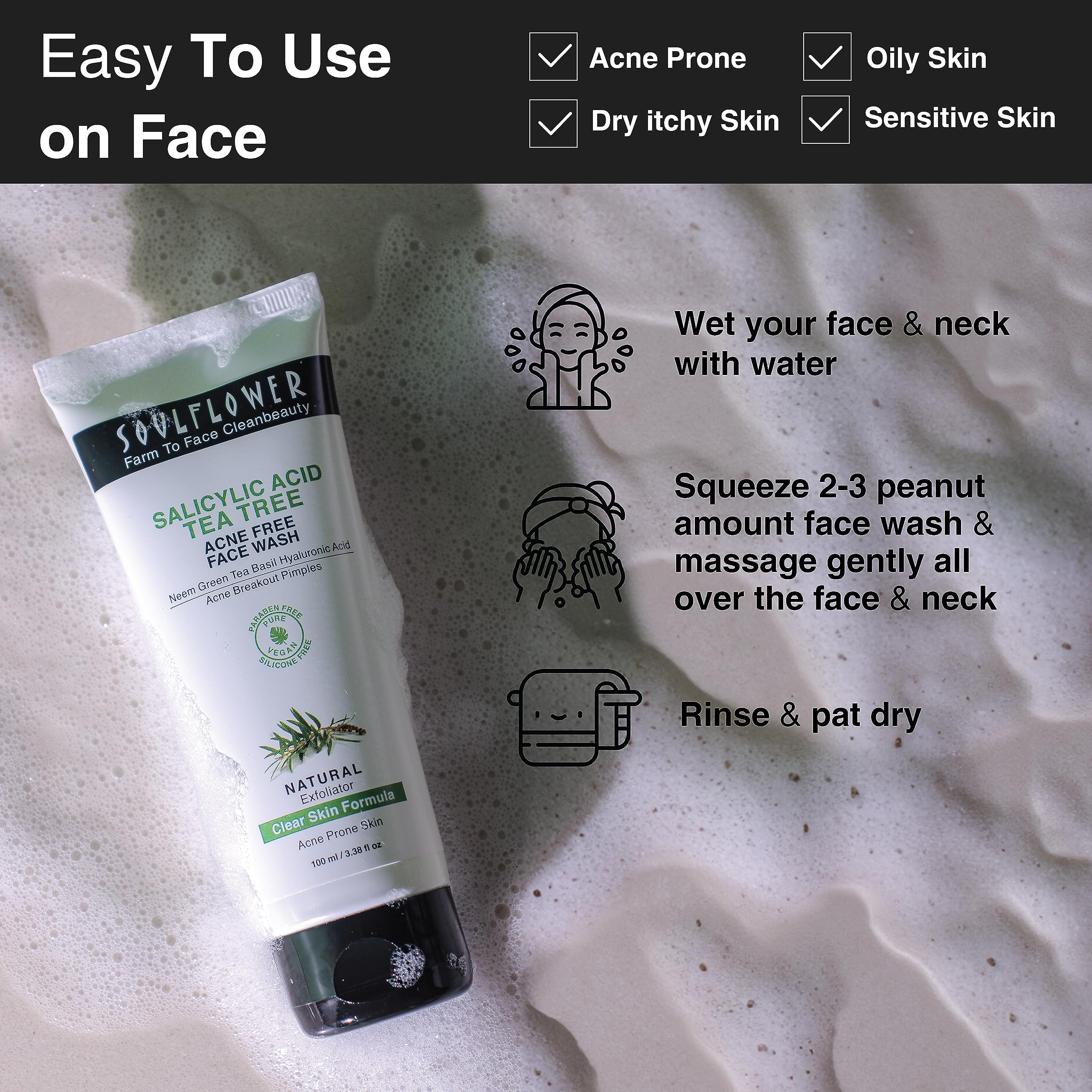 Soulflower Salicylic Acid Face Wash for Acne & Pimples Treatment - Deep Cleansing Facial Cleanser with Tea Tree, Neem, Green Tea & Basil | Sulfate-Free, 100ml | Perfect for Daily Skincare Routine & Oily/Acne-Prone Skin