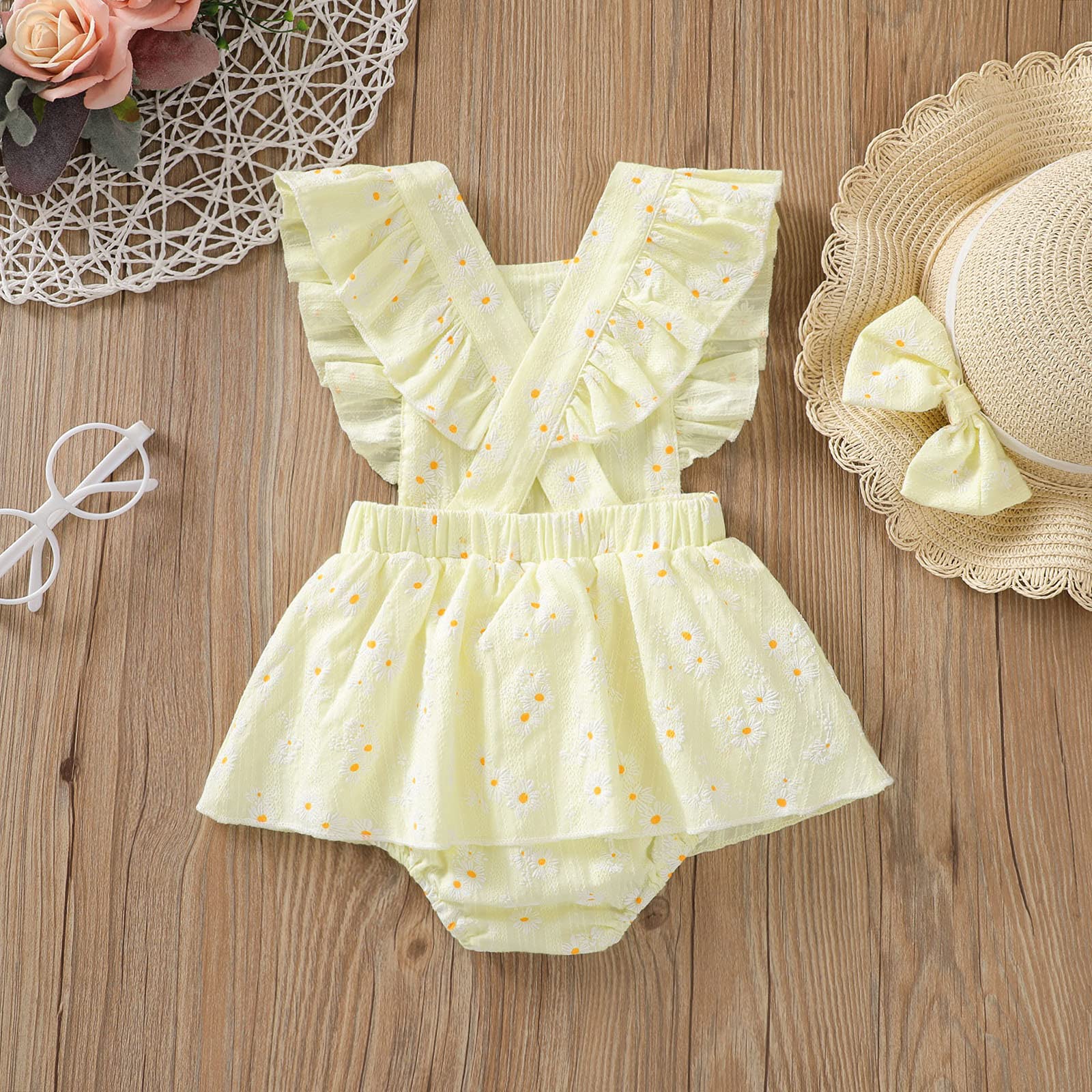 Newborn Baby Girl Clothes - Daisy Print Romper Dress with Flutter Sleeves | One-Piece Jumpsuit Summer Outfit Set with Headband | Perfect for Photoshoots, Parties & Outdoor Activities