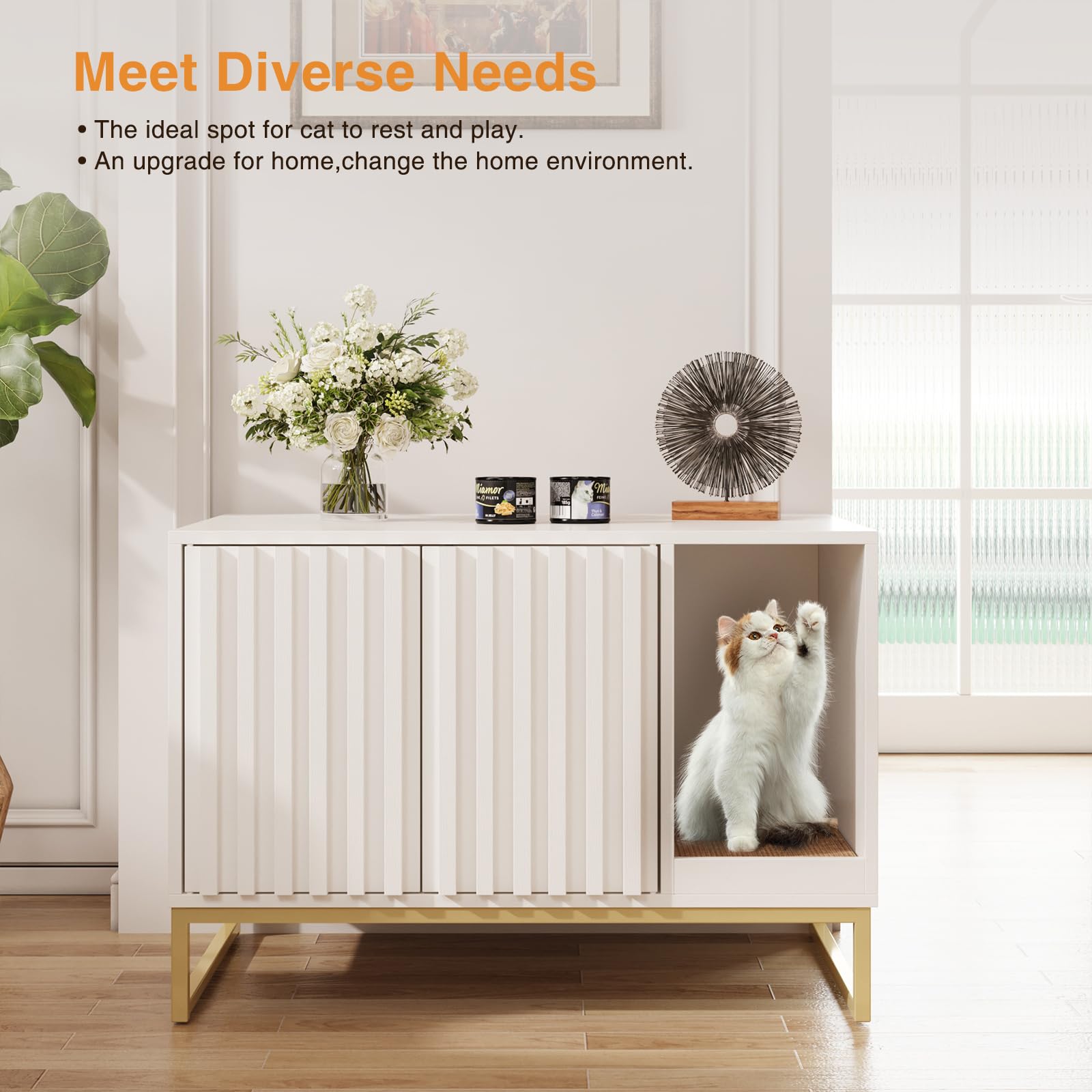 Modern Cat Litter Box Enclosure Furniture - Hidden Litter Box with Scratch Pad, Washroom House End Table & Entryway Bench for Living Room - White | Stylish Pet Furniture for Small Spaces & Home Decor