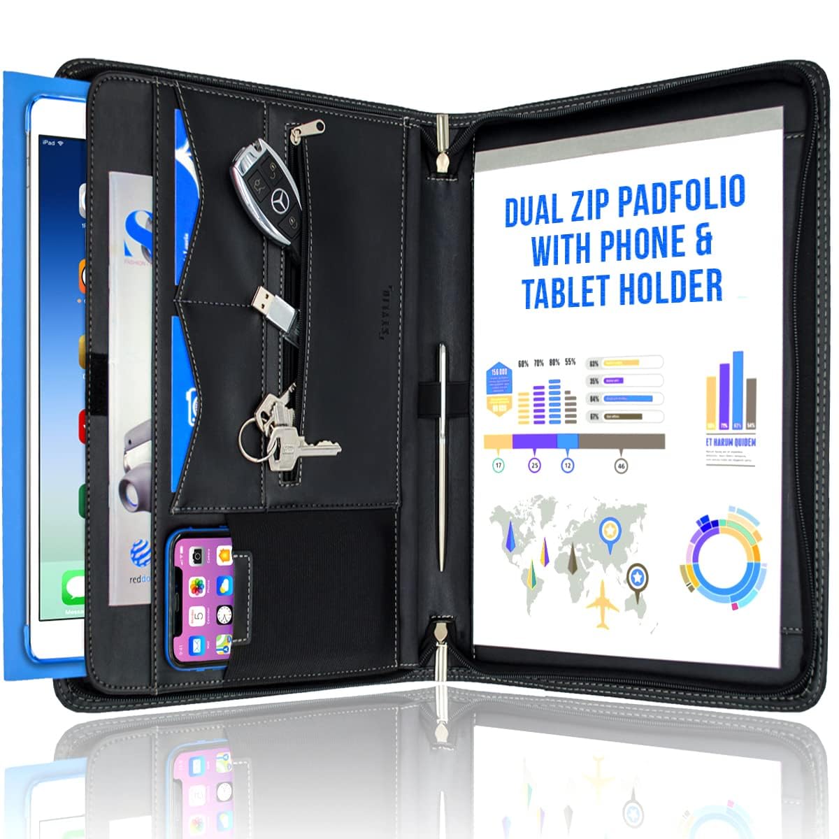 Premium STYLIO Faux Leather Zipper Padfolio Organizer - Professional Portfolio Binder for Resume, Documents, Business Meetings | Holds Phone, Tablet, Cards & Includes Letter-Sized Notepad - Perfect for Office, Interviews & Executive Business Use
