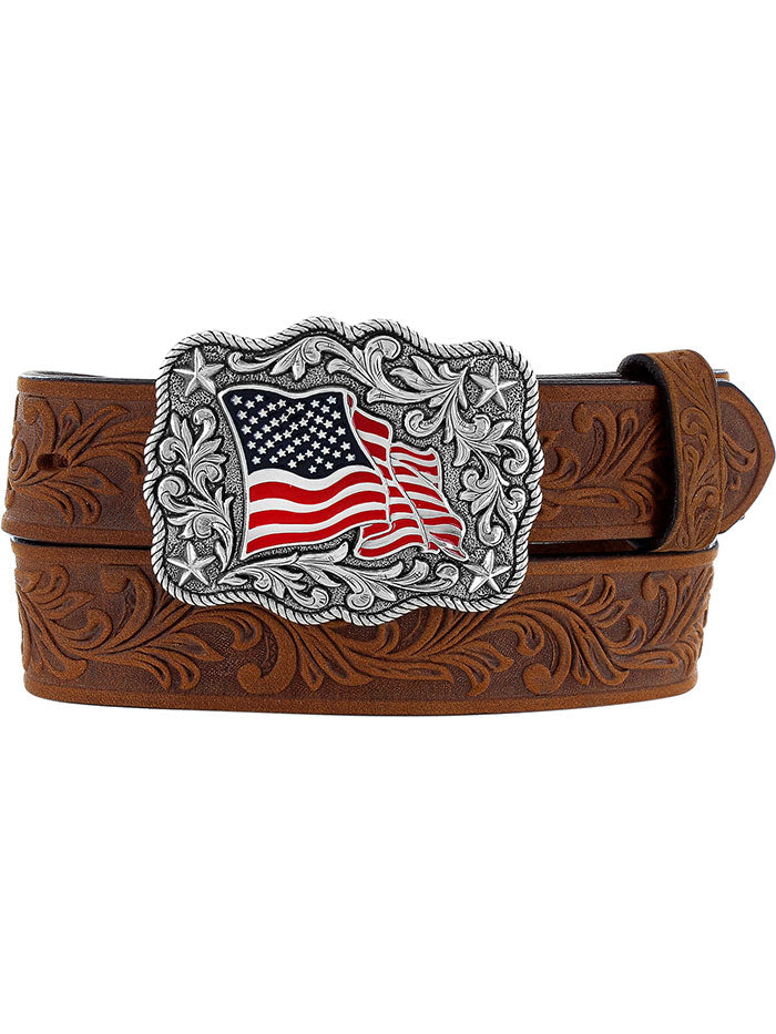 Justin C30219 Kids American Pride Leather Belt - Brown Genuine Leather Adjustable Waistband for Boys & Girls - Perfect for School, Holidays & Patriotic Events