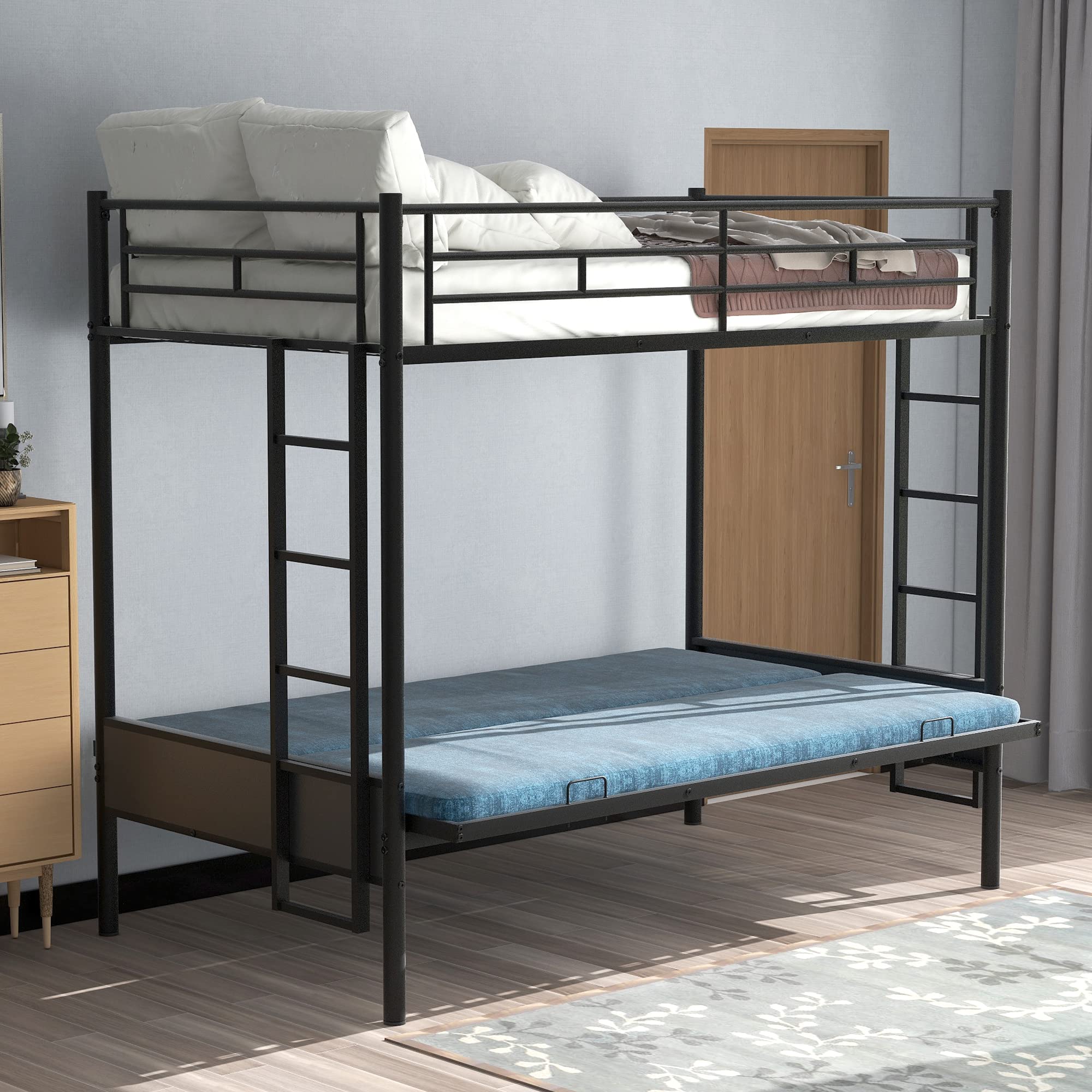 Convertible Metal Bunk Bed Frame - Twin Over Full Size with Ladder | Heavy Duty for Kids, Teens & Adults | Futon to Full Bed Conversion | Perfect for Small Spaces, Guest Rooms & Dormitories