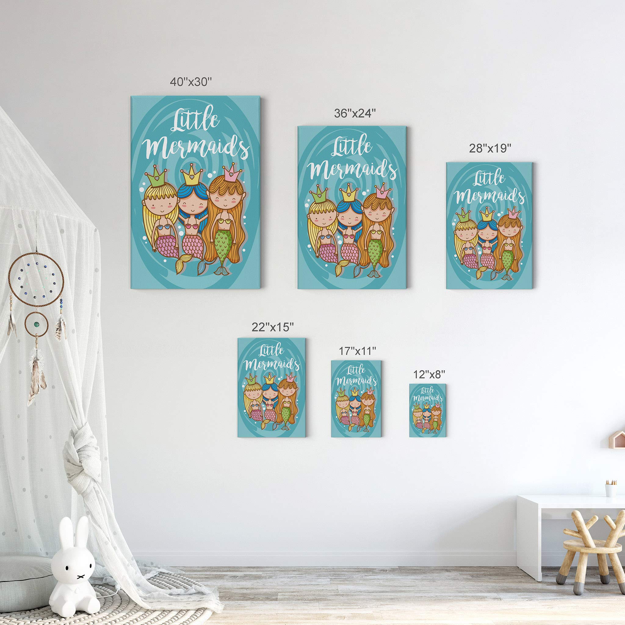 Cute Three Little Mermaid Canvas Print - 36x24 Inch Kids Room Wall Art, Nursery Decor, Girls Bedroom Decor | Ready to Hang, Made in USA | Perfect for Disney Themed Rooms & Underwater Fantasy Decor