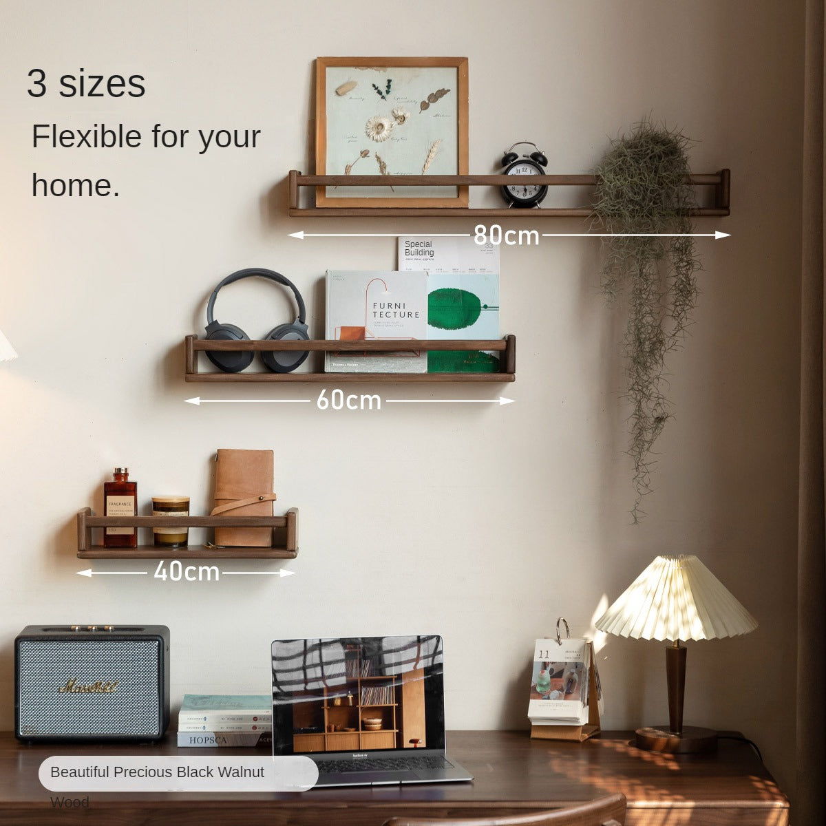 Premium Black Walnut & Cherry Solid Wood Wall Mounted Shelf - Rustic Hanging Storage Bookshelf for Living Room, Bedroom, or Office Decor