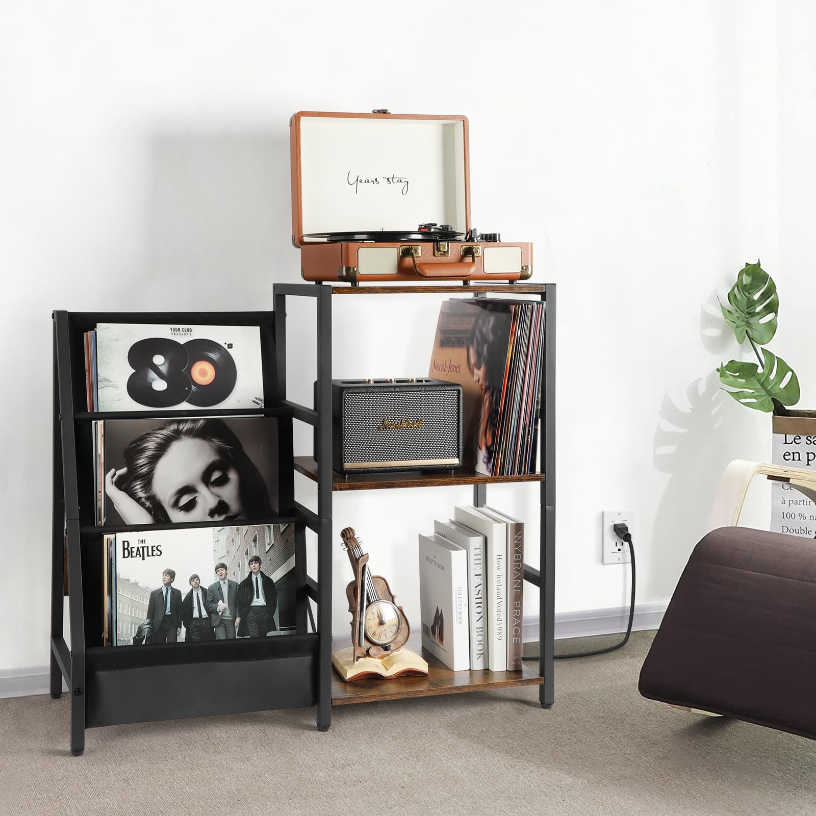 Bikoney 3-Tier Vinyl Record Player Stand with Power Outlet - Turntable Storage Cabinet Holds 200+ Albums, Vinyl Record Shelf & Holder for Living Room, Bedroom & Home Theater