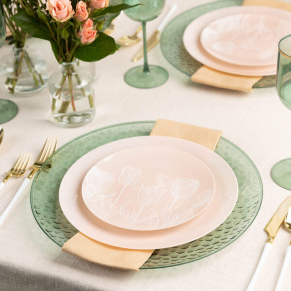 32-Piece Pink and White Tulip Round Plastic Dinnerware Set - BPA-Free, Dishwasher Safe - Perfect for Outdoor Picnics, Birthday Parties, and Family Gatherings (16 Servings)