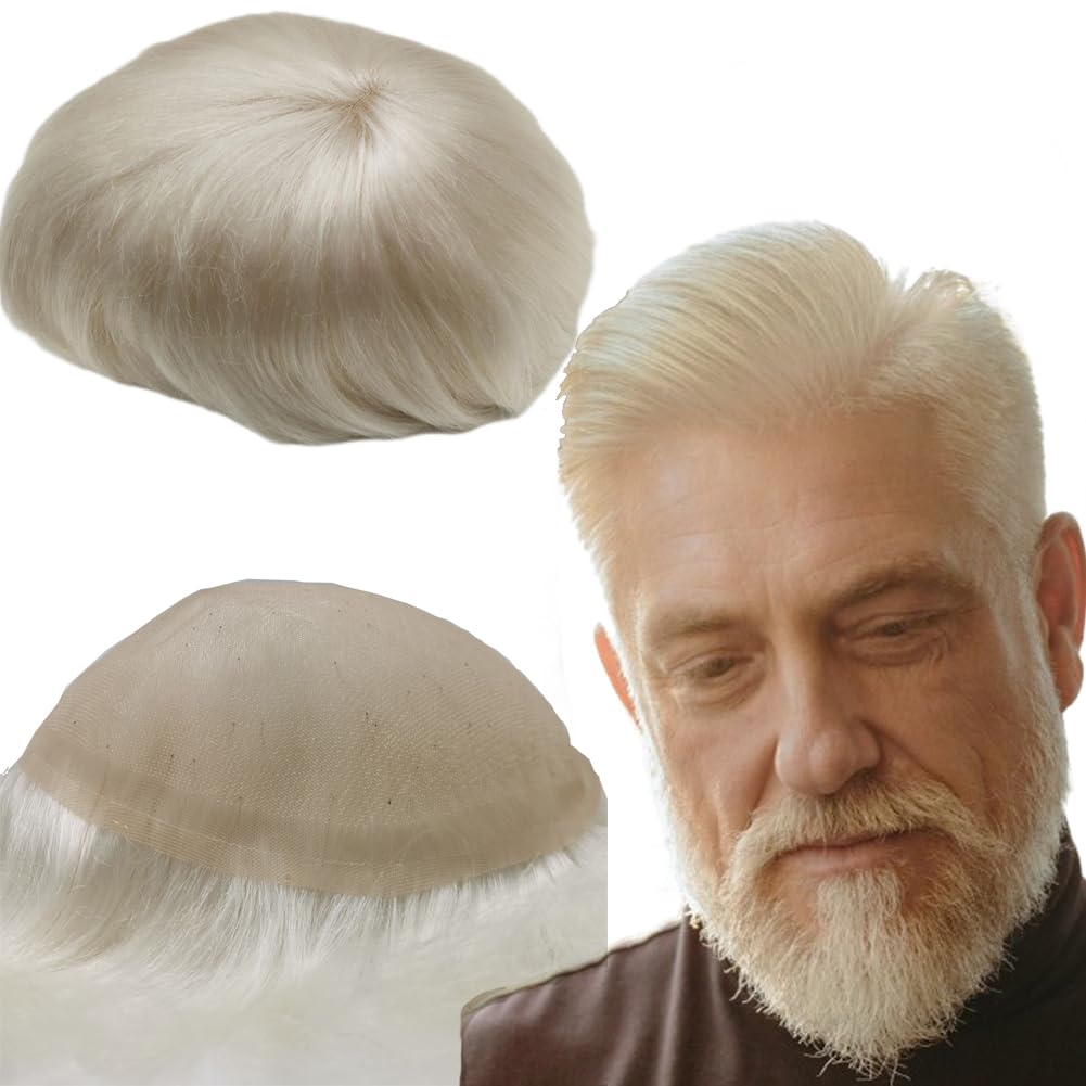YANAHAIR Men's Toupee - Real Human Hair Replacement System with Fine French Lace - Customizable Natural-Looking Hairpiece (Blonde/Grey, 8x10) - Perfect for Daily Wear, Special Occasions & Hair Loss Solutions