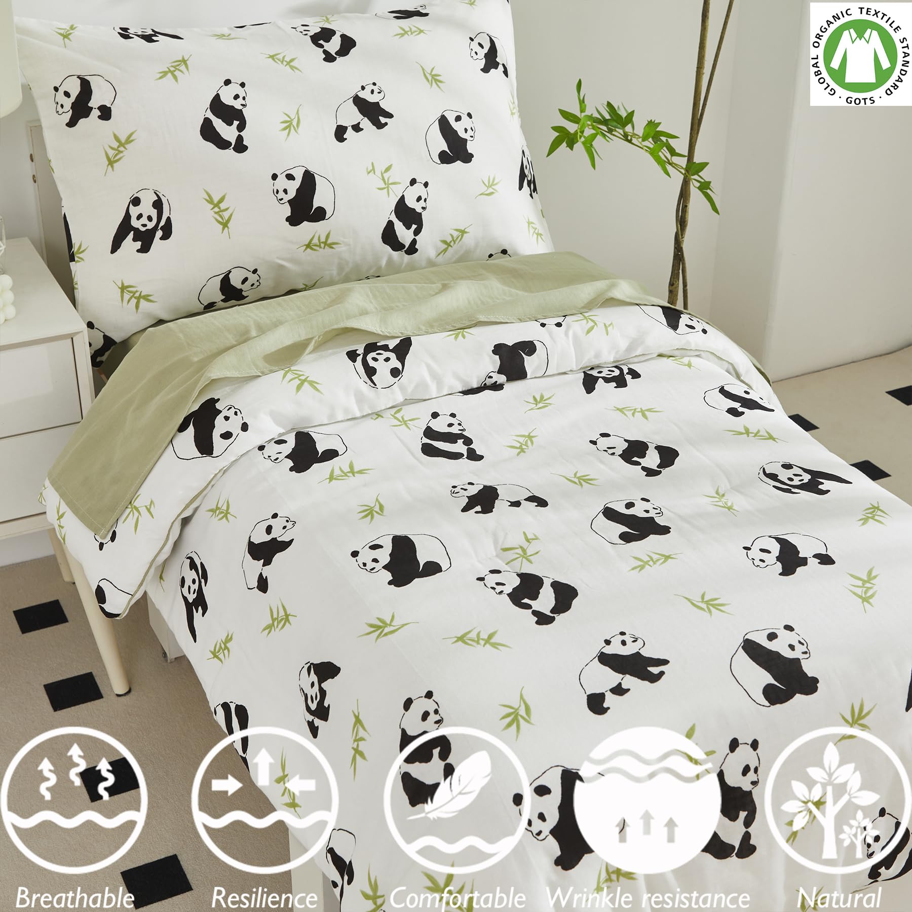 Brandream Panda Print Toddler Bedding Set - 4Pcs Neutral Nursery Bedding for Boys & Girls (Comforter, Flat Sheet, Fitted Sheet & Pillowcase) - Soft White & Green Crib Set for Cozy Sleep & Playtime