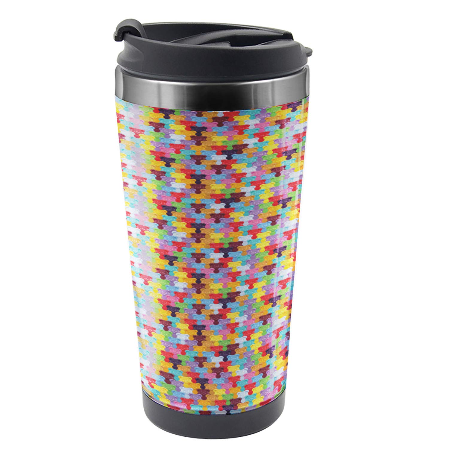 Ambesonne 16 oz Stainless Steel Travel Mug with Gummy Bears Design - Vibrant Multicolor Thermal Cup for Hot & Cold Drinks - Perfect for Office, Commuting, Camping and Outdoor Activities