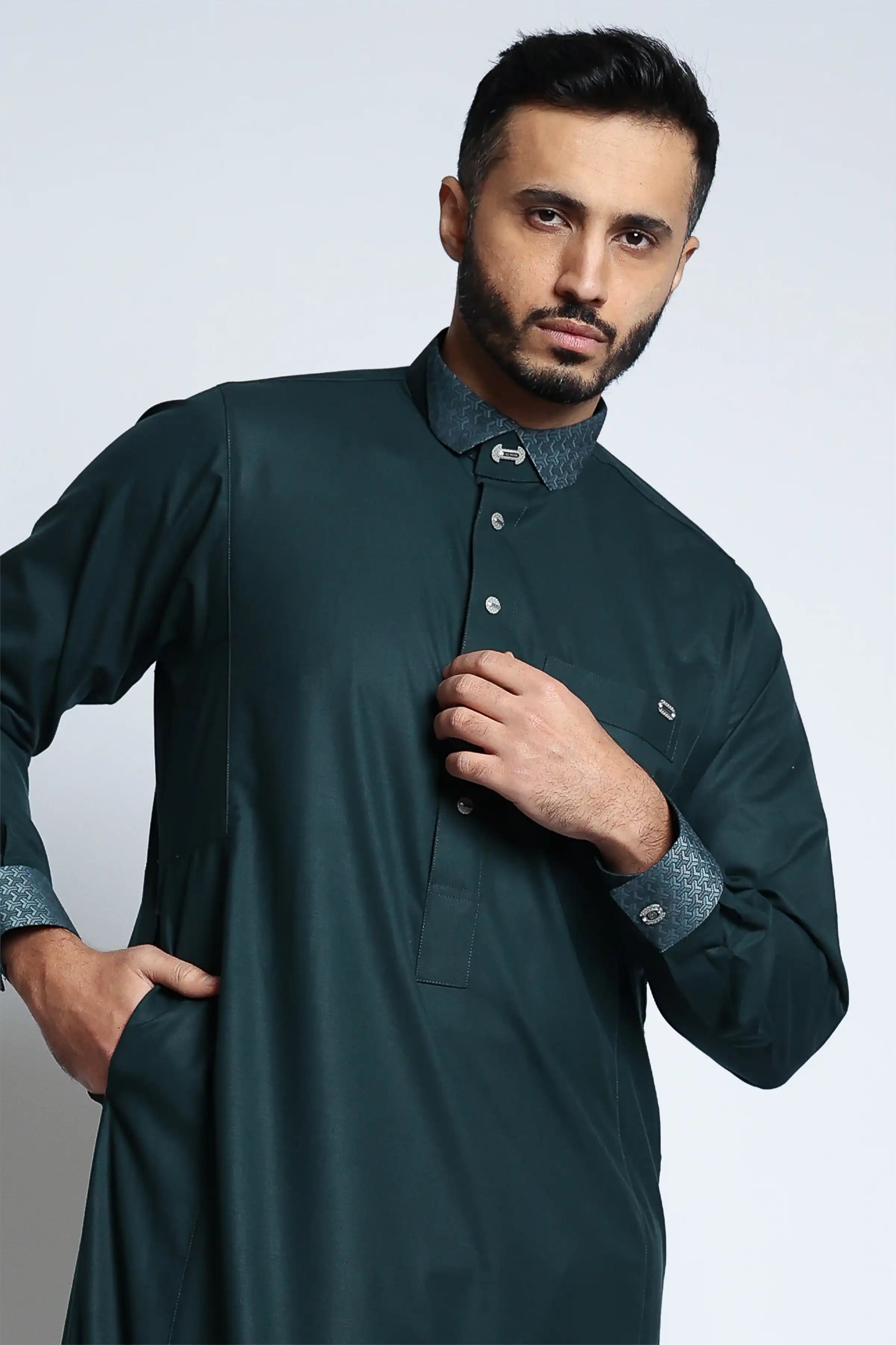 J153 Storm Green Cutaway Thobe - Premium Islamic Robe for Men | Comfortable & Stylish Prayer Dress for Mosque, Eid, and Daily Wear