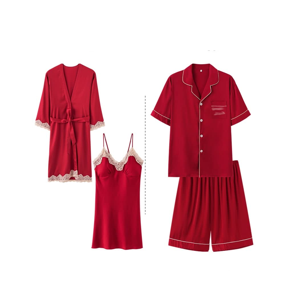 Red Men's Short-Sleeve Pajama Set & Women's Ice Silk Nightdress - Couple Matching Sleepwear (XXL) | Cozy Home Loungewear for Romantic Nights & Relaxing Weekends