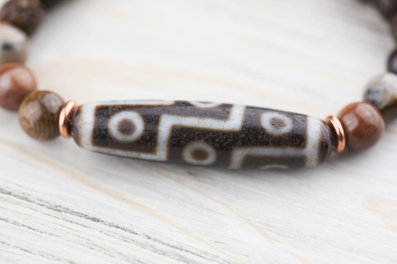 9 Eye Dzi Beads & Petrified Wood Buddhist Mala Bracelet - Spiritual Meditation, Yoga Accessory & Positive Energy Jewelry for Men and Women