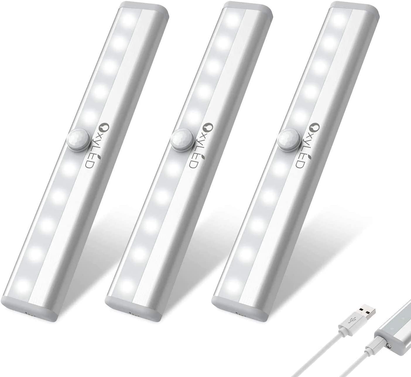 OxyLED Motion Sensor LED Closet Lights - 3 Pack USB Rechargeable Under Cabinet Lighting with Magnetic Strip, 6000K Daylight White for Wardrobe, Kitchen, Stairs & Dark Spaces | Indoor Smart Lighting Solution