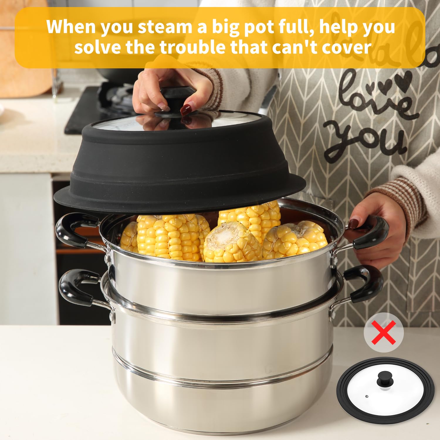 **10.5-11 Inch Universal Vented Tempered Glass Lid for Stockpot, Steamer Pot & Pan – Microwave Safe, Collapsible Silicone Cover – Perfect for Cooking, Steaming & Microwave Use**