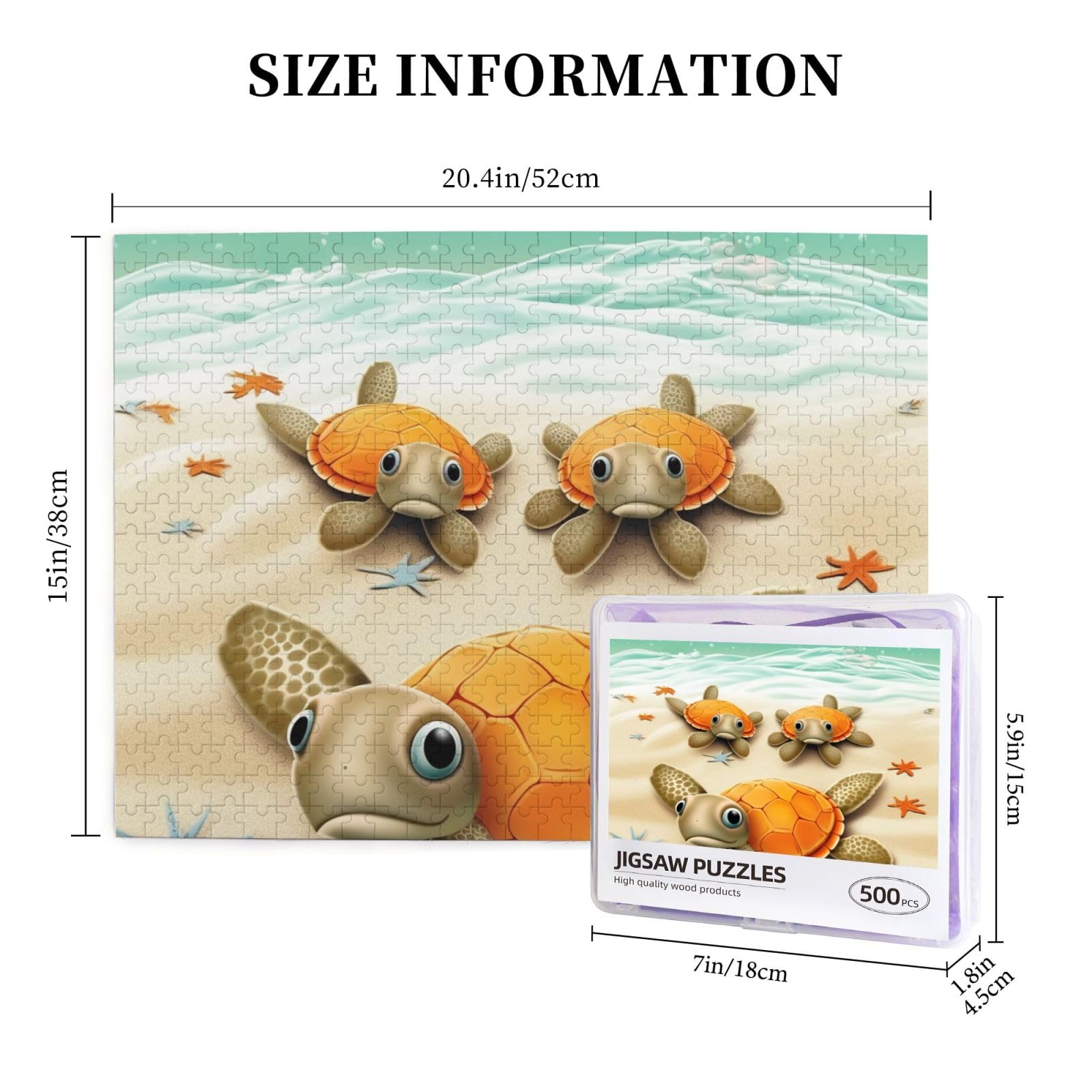 500 Piece Wooden Jigsaw Puzzle - Turtle & Starfish Photo Puzzle for Adults, Personalized Picture Puzzle, Classic Family Game for Wedding, Birthday, Valentine's Day Gifts (20.4