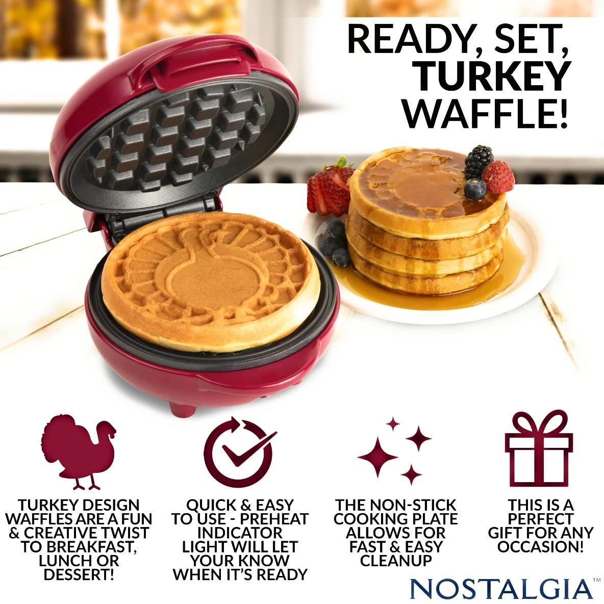 Nostalgia MyMini Electric Turkey Waffle Maker - Compact Appliance for Cranberry Shaped Waffles, Perfect for Breakfast, Kids Snacks & Holiday Parties