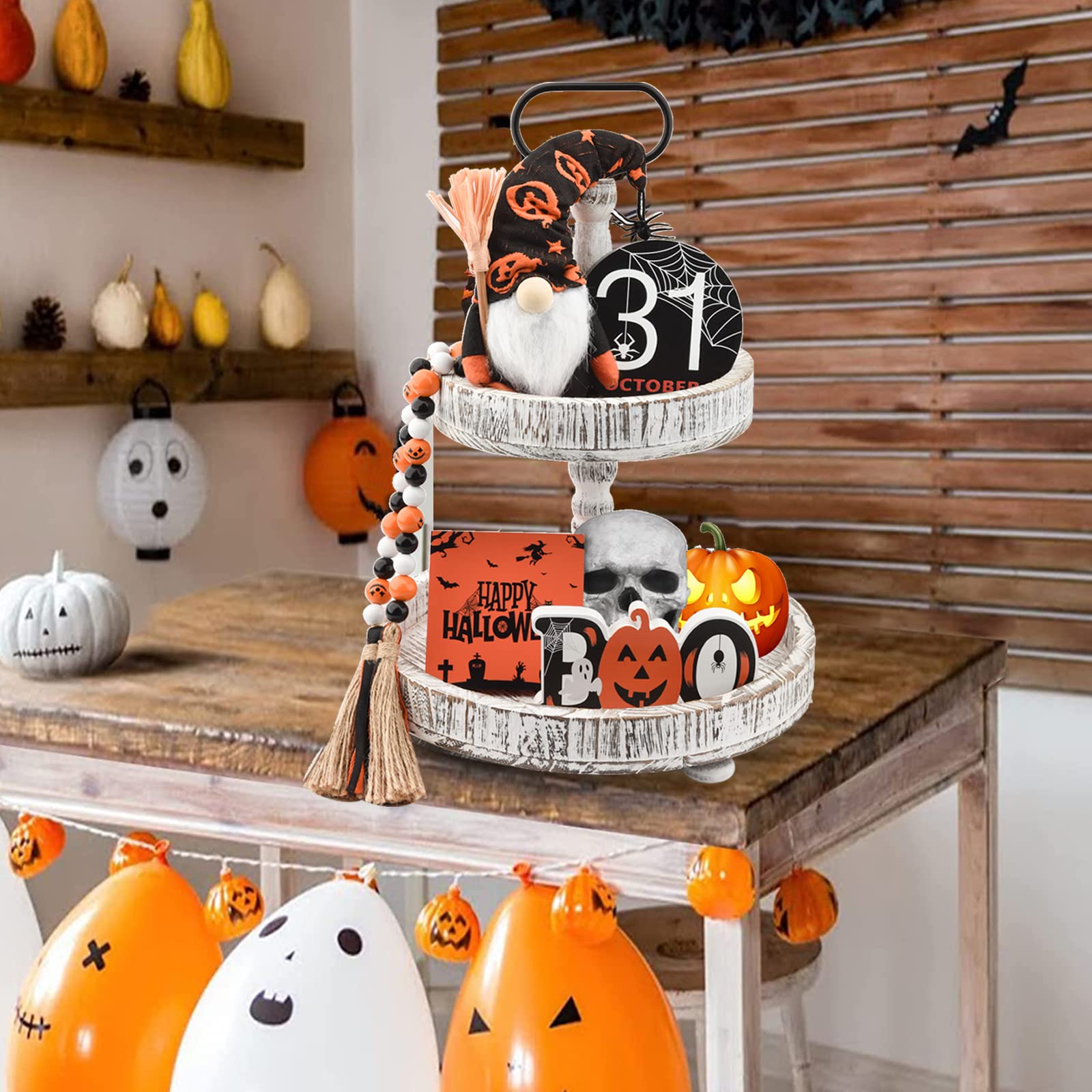 Halloween Tiered Tray Decor Set - Rustic Farmhouse Wooden Sign with Cute Gnomes, Plush & Bead Garland - Indoor Home Decor for Table, Desk, Room - Perfect for Fall Parties, Thanksgiving Centerpiece & Seasonal Home Styling