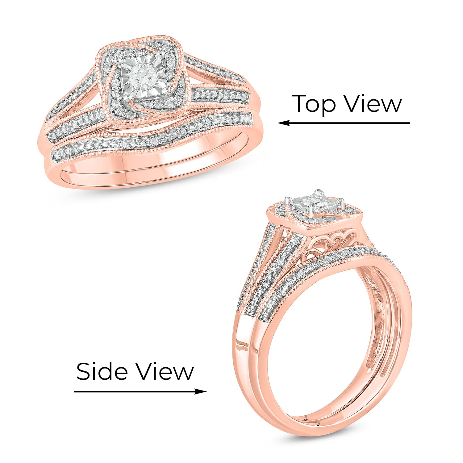 1/5 CT Natural Diamond Bridal Ring Set - 14KT & 18KT Gold Vermeil Wedding & Engagement Rings for Women | Promise Ring & Halo Ring in White, Yellow or Pink Gold | Perfect for Proposals, Anniversaries & Special Occasions