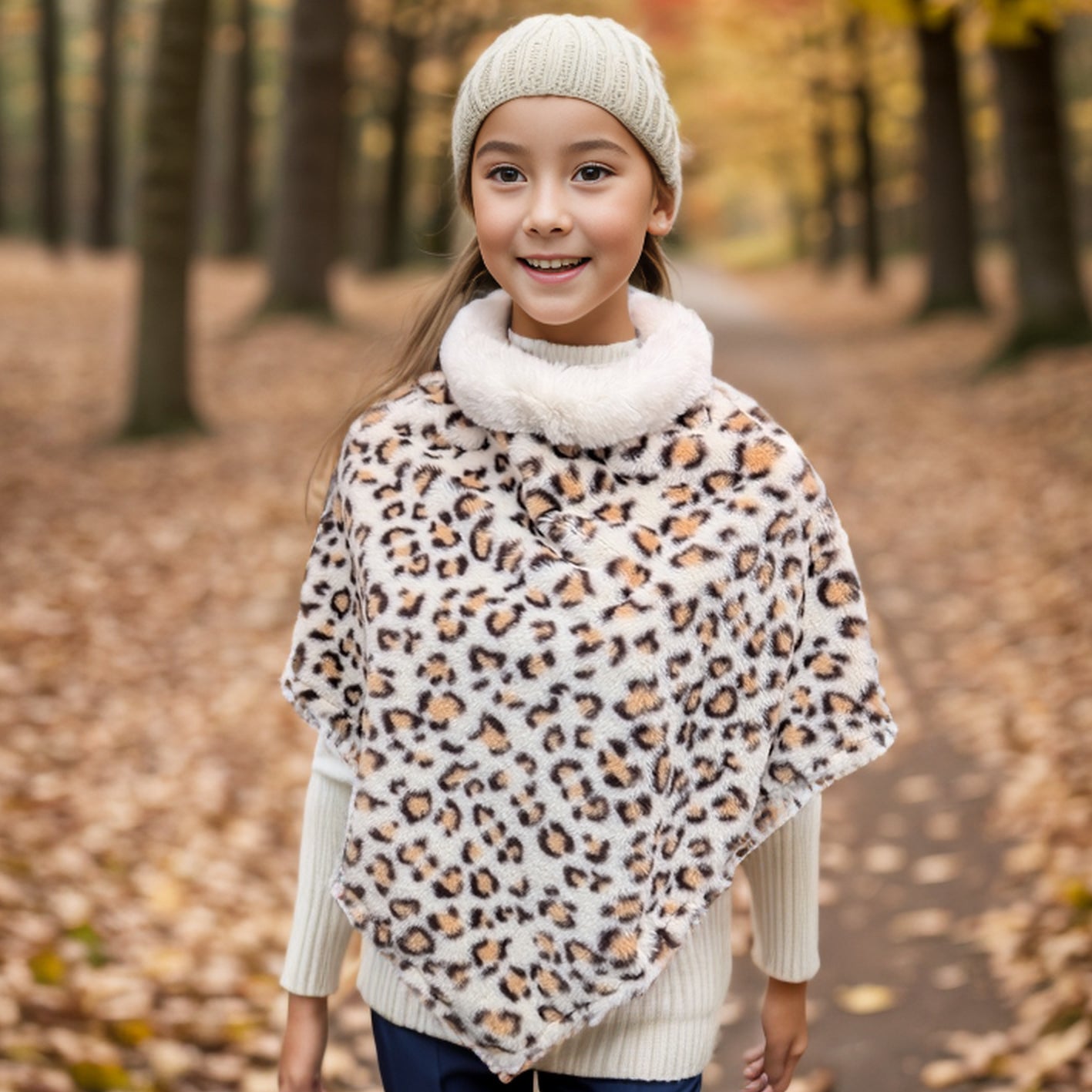 Kids Faux Fur Poncho - Soft White Animal Print Winter Cape for Girls & Boys | Cozy Outerwear for Playdates, Holidays & Photo Shoots